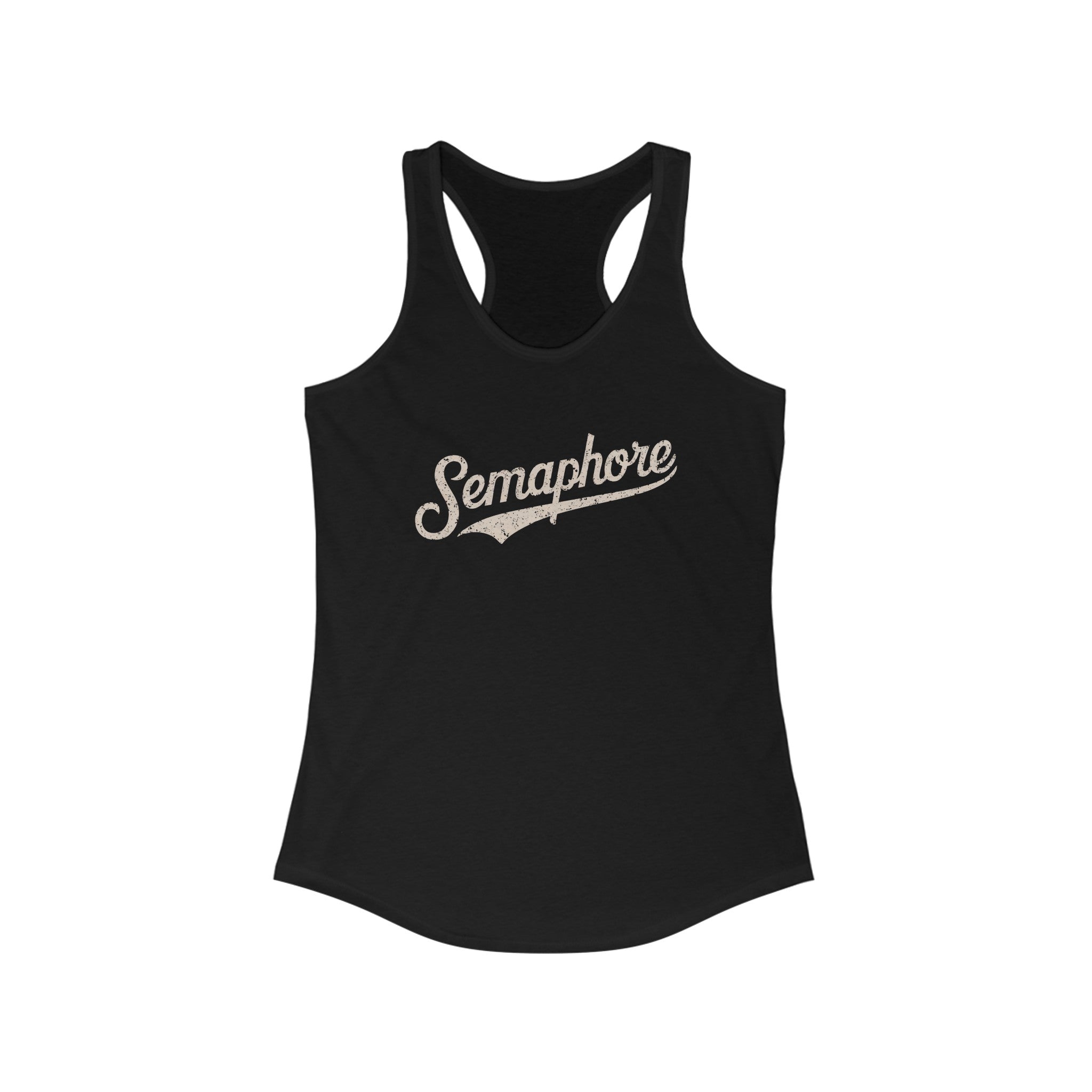 Lightweight black Semaphore - Women's Racerback Tank featuring the word "Semaphore" elegantly printed in a cursive font across the front.