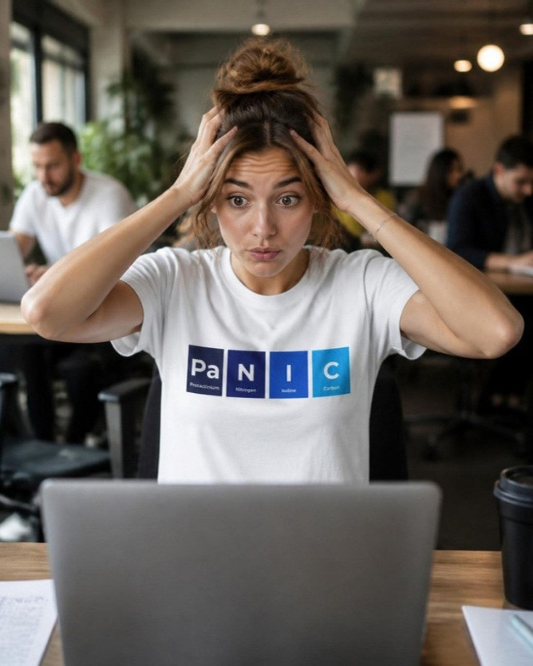 Pa-N-I-C Periodic Table T-Shirt lifestyle mockup, Geekpsters