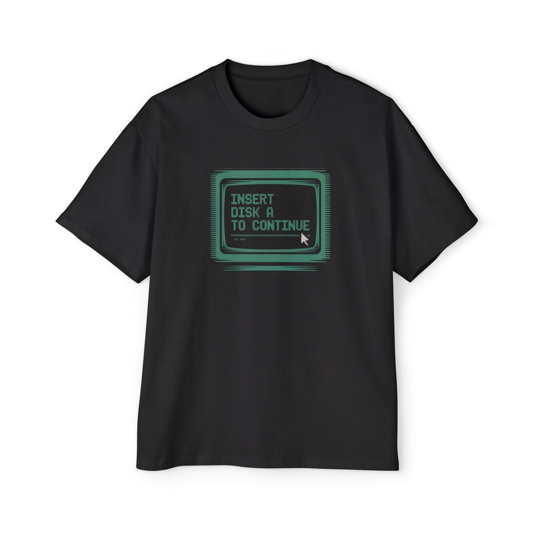 The Insert Disk A to Continue - Heavy Oversized Tee is a black, oversized shirt with a vintage computer monitor graphic and green "INSERT DISK A TO CONTINUE" text—perfect for fans of classic coding and cosmic style.