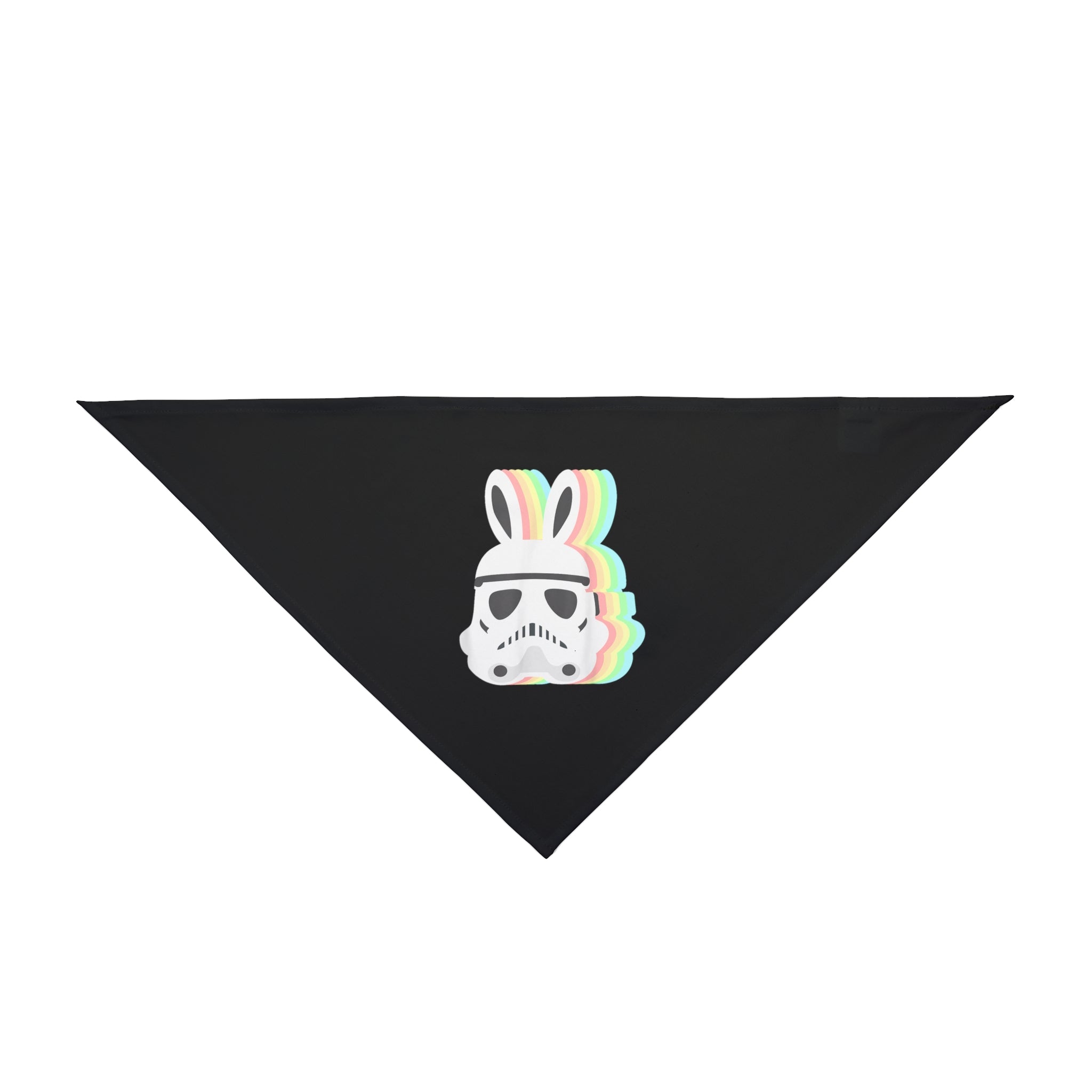 A black triangular Star Wars Easter Stormtrooper - Pet Bandana featuring a design of a Star Wars Stormtrooper helmet with colorful bunny ears, perfect for Easter.