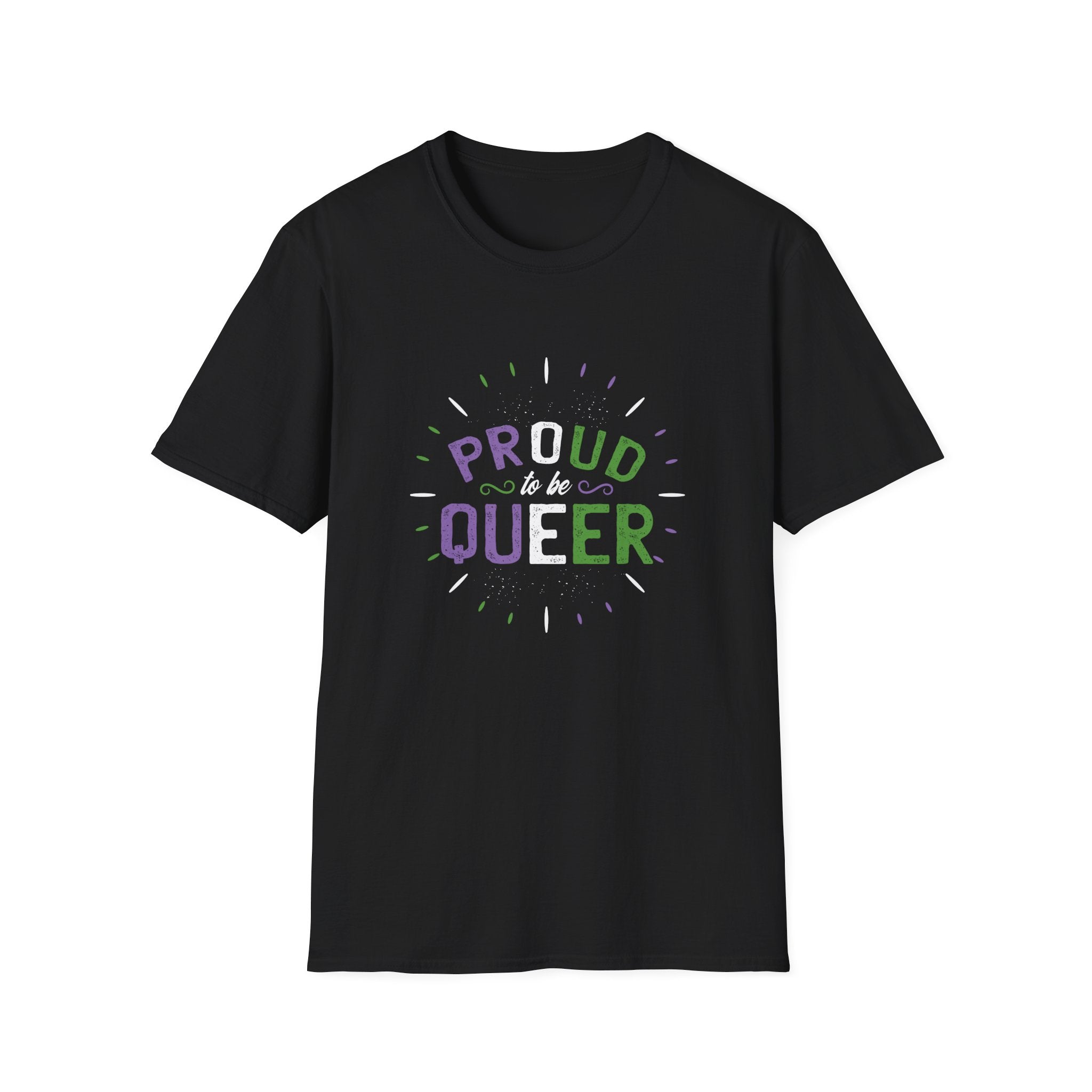 Proud to Be Queer T-Shirt in black, featuring vibrant central text that reads "Proud to be Queer," surrounded by decorative lines, perfect for spreading love and supporting the LGBTQ+ community.