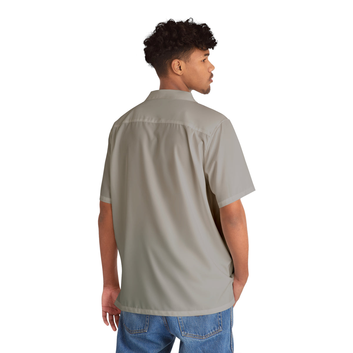 Flowers Of Ego print camp shirt in grey, man wearing it back view, artsy button-up shirt for men