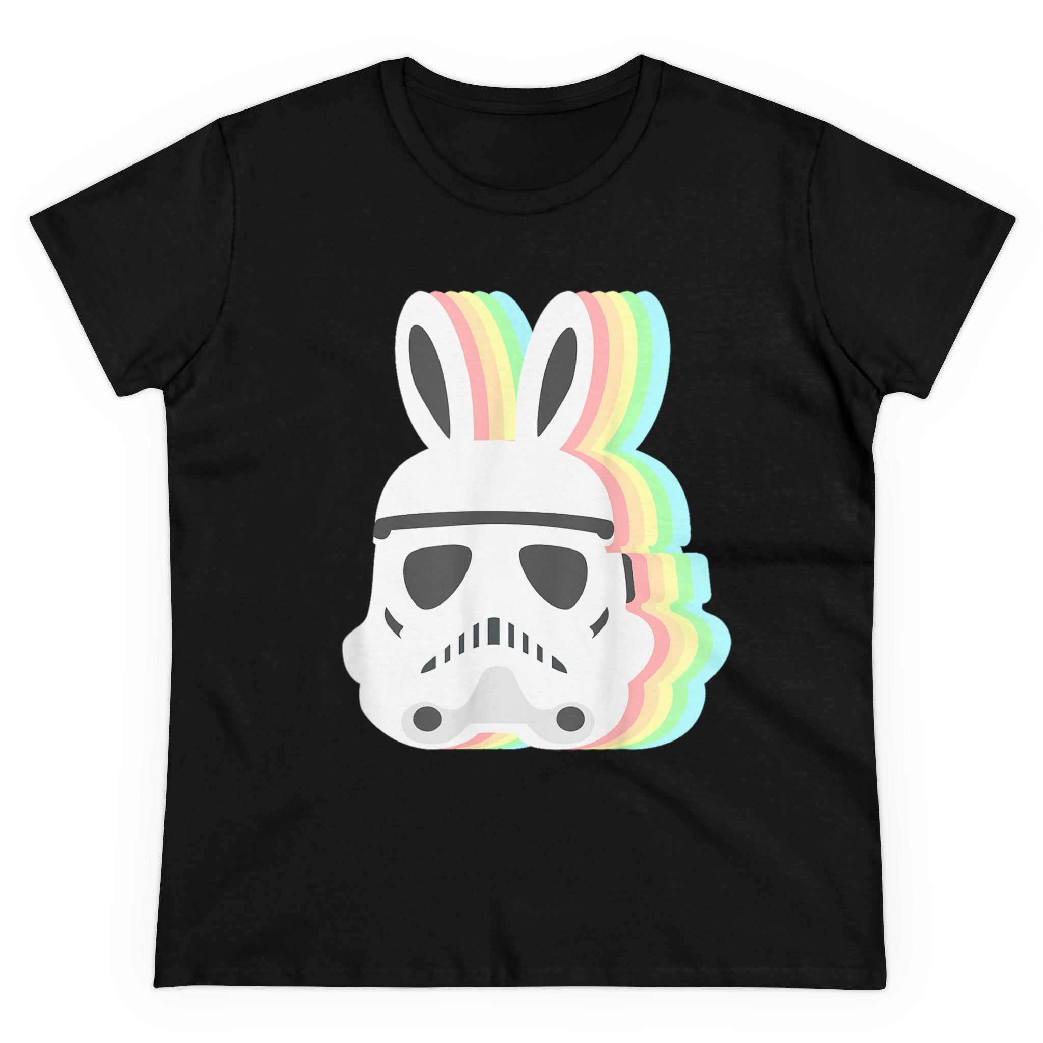 A Star Wars Easter Stormtrooper - Women's Tee in black features a graphic of an Easter Stormtrooper helmet with protruding bunny ears, set against a multicolored, layered background effect.