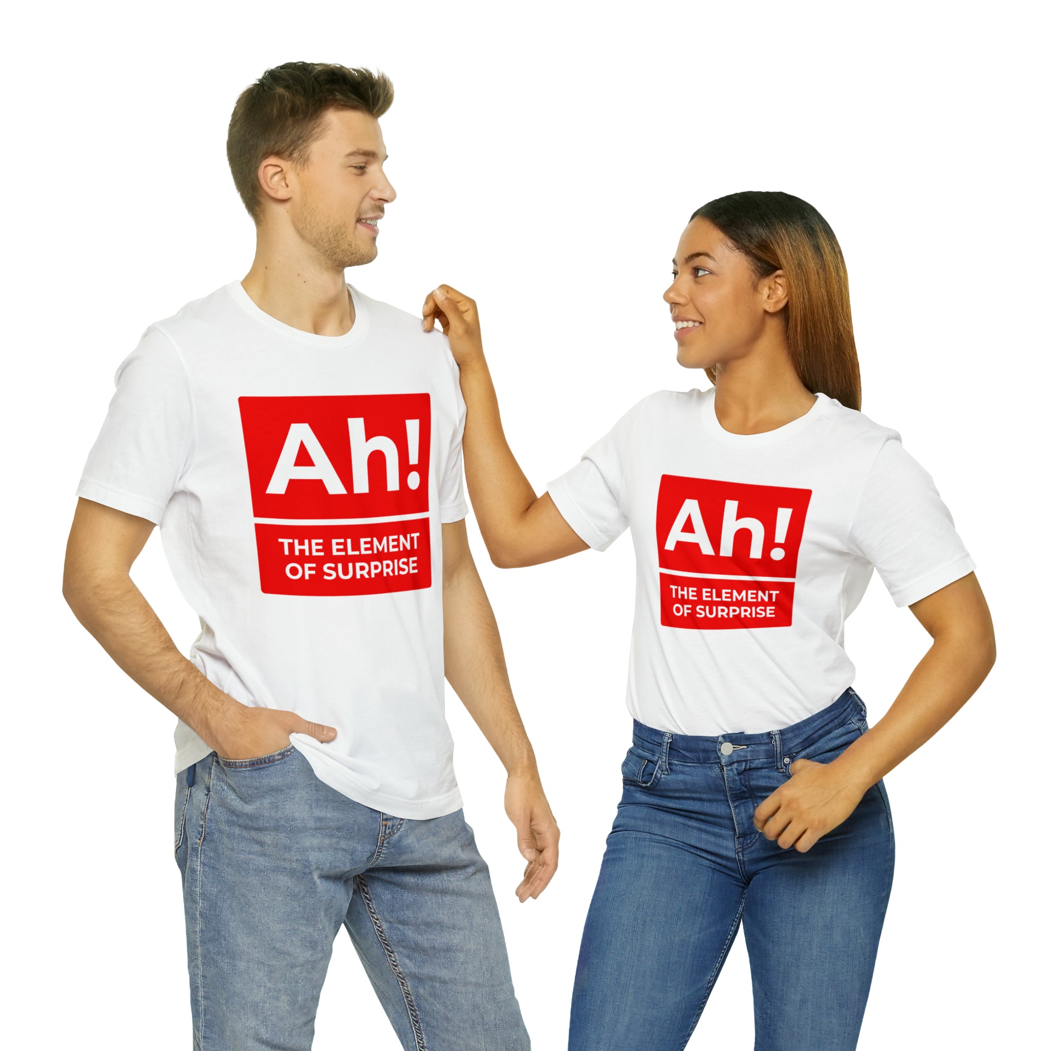 A man and woman standing next to each other wearing an Ah! the Element of Surprise T-shirt, symbolizing their shared interest in science.