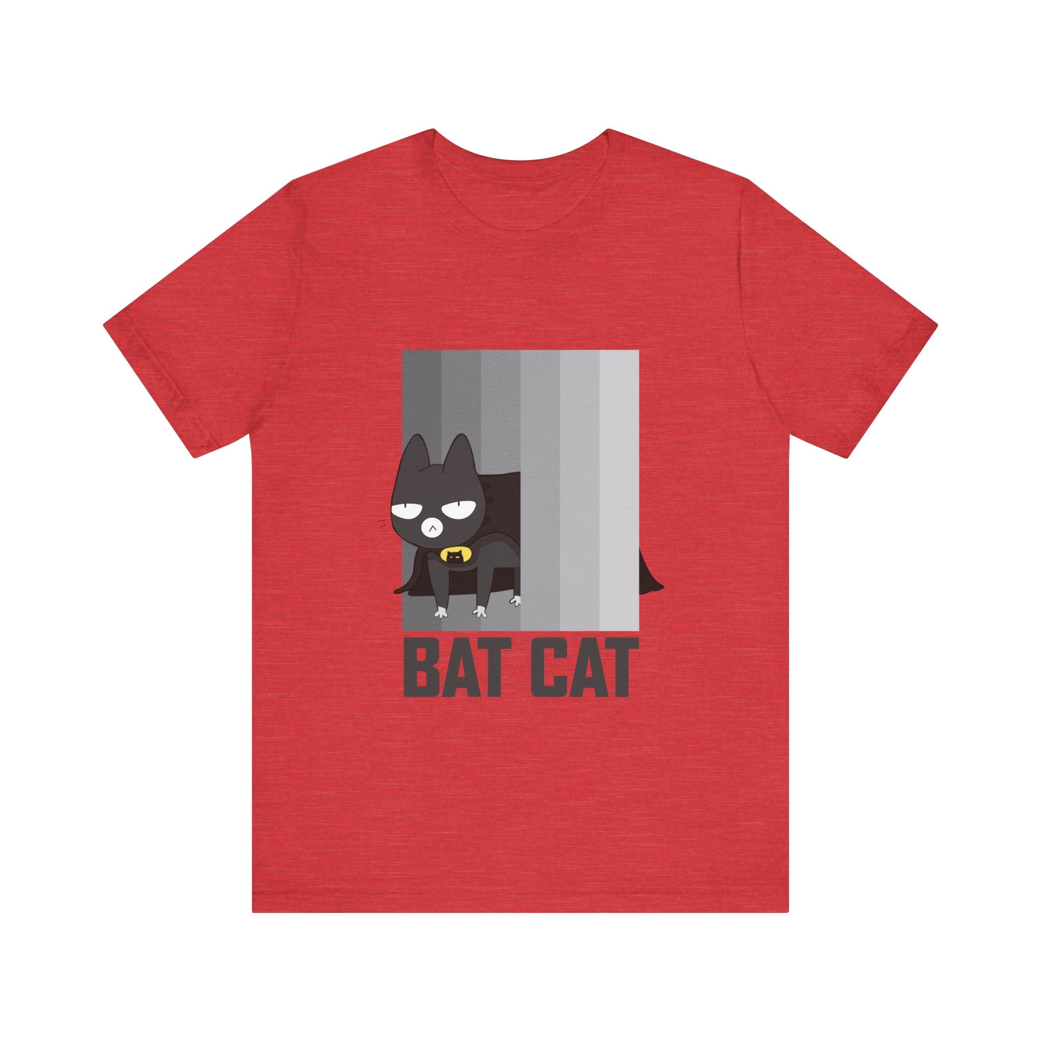 BATCAT T-Shirt with a graphic of a cartoon cat dressed as a bat, standing beside the text “Batcat” on a gray stripe background.