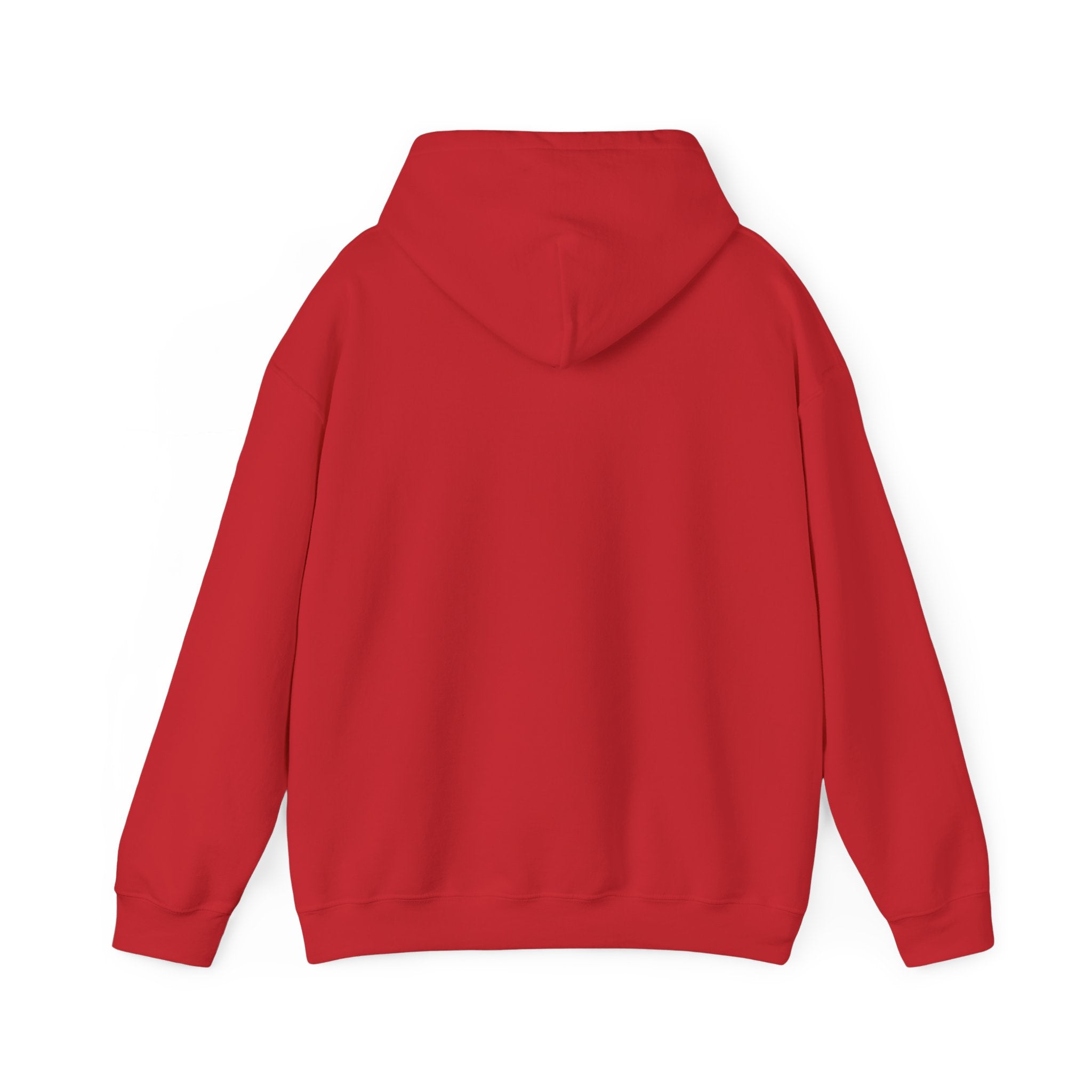 A red RU - Hooded Sweatshirt seen from the back, showcasing a plain design with an attached hood—a perfect blend of style and ultimate comfort.