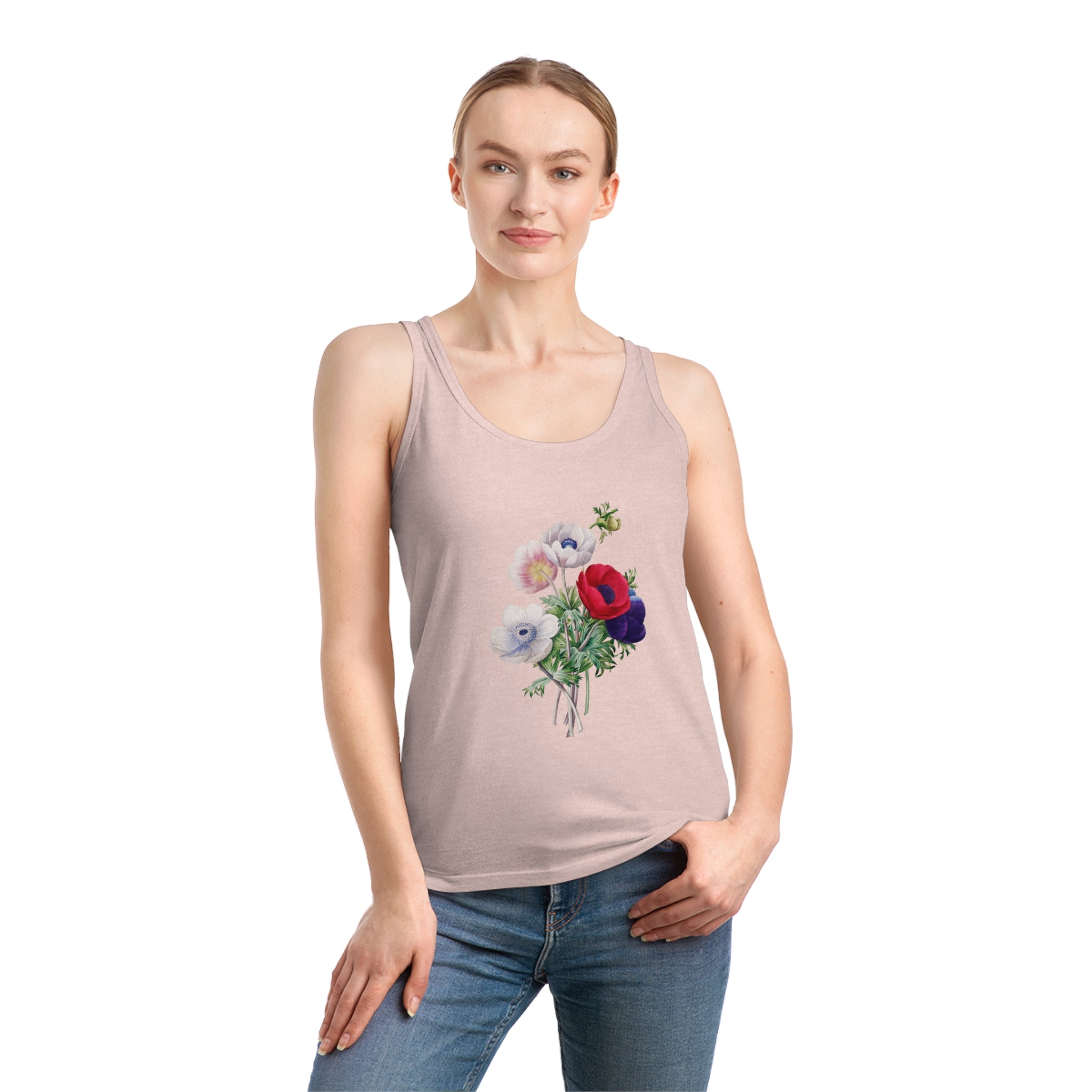A woman wearing an Anemones Tank Top with flowers on it.