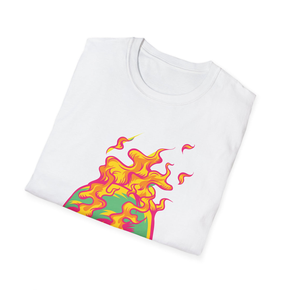 'Skull in Flames' psychedelic flame print folded on white t-shirt, funny gothic pop art gift