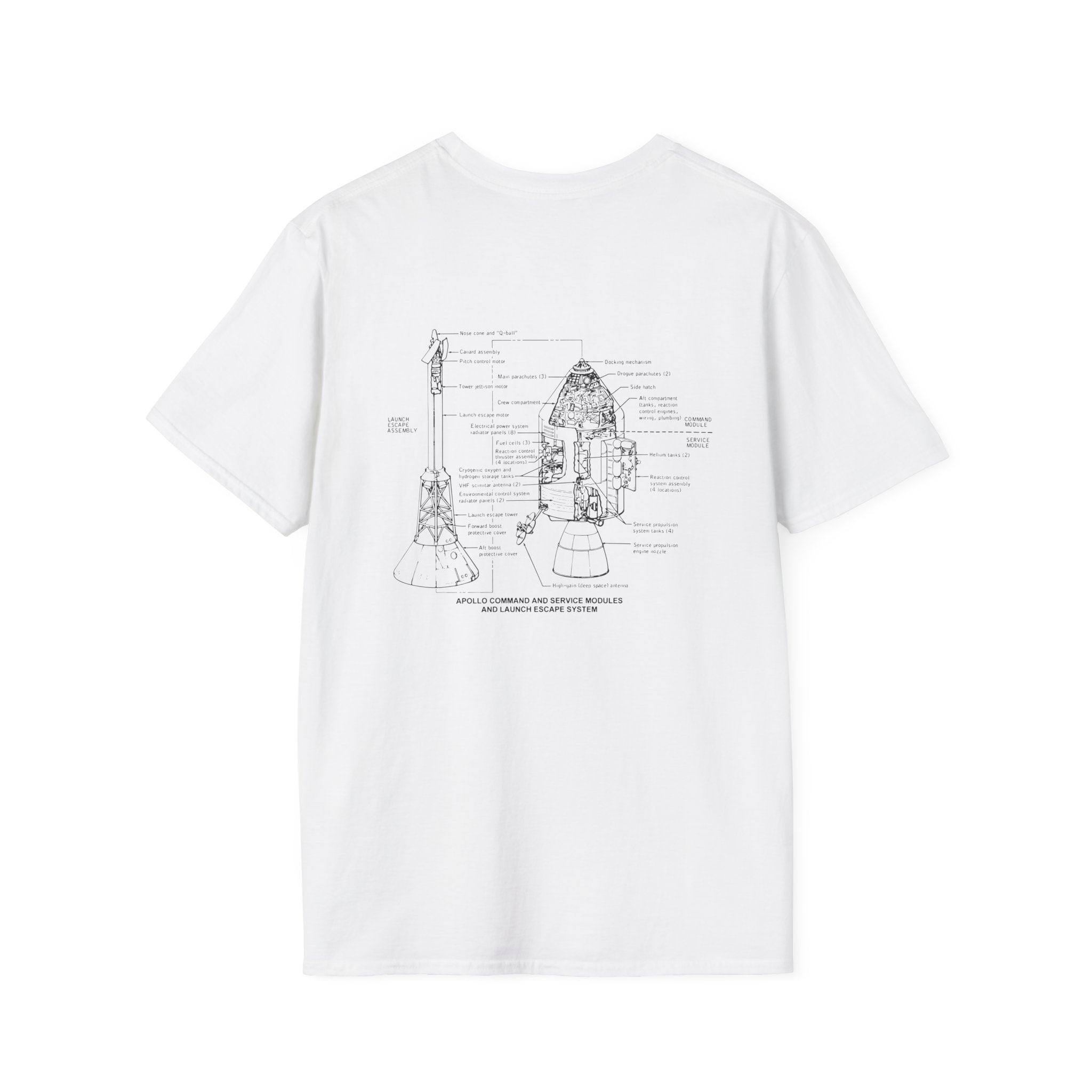 The Apollo Command & Service Module T-Shirt features a technical diagram of the Apollo spacecraft, showcasing the iconic design from the space program on its back.