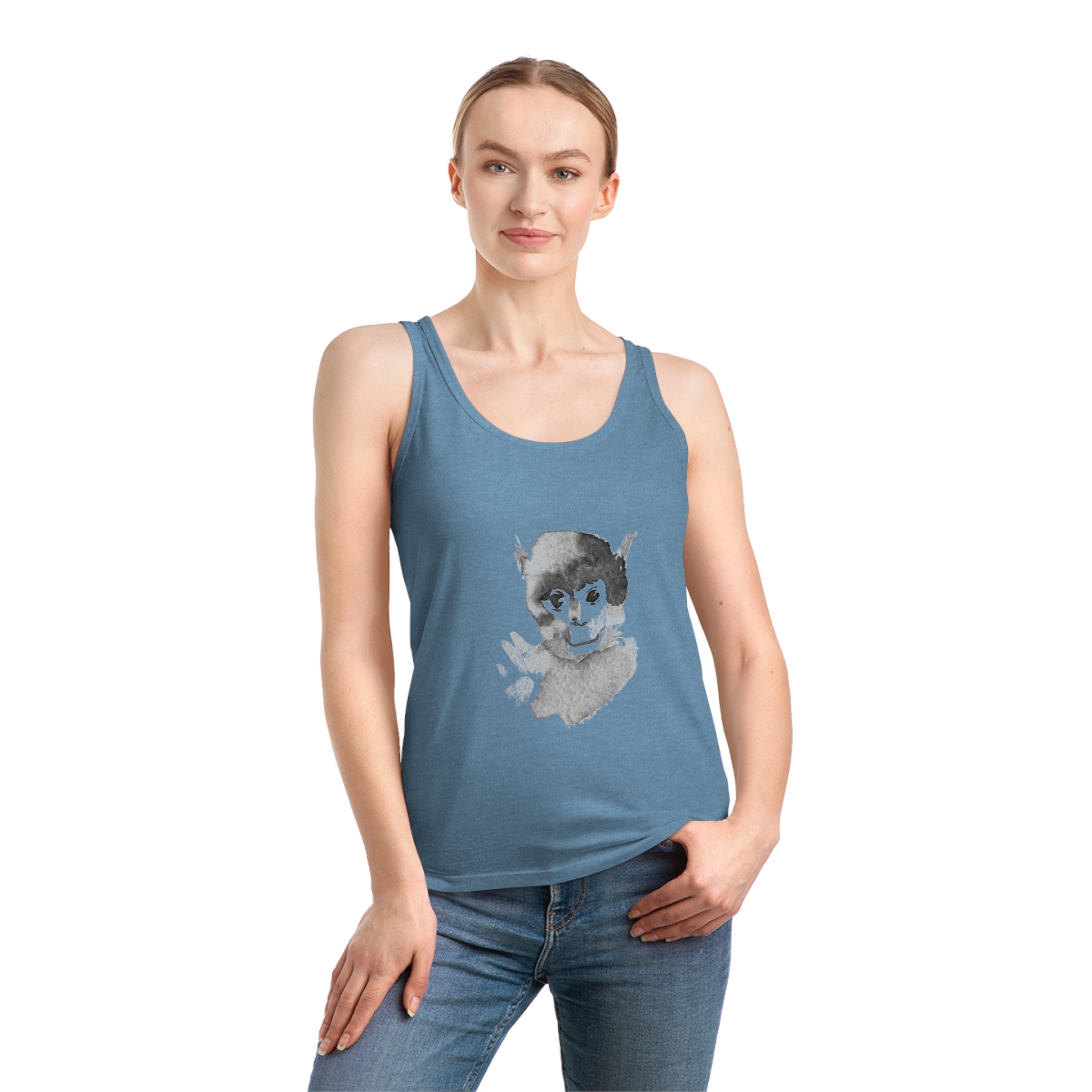 Wearing a Monkey Women's Dreamer Tank Top, this individual confidently displays a chic and adaptable look. The blue top, made from organic cotton, highlights an attention-grabbing graphic design on a simple background.