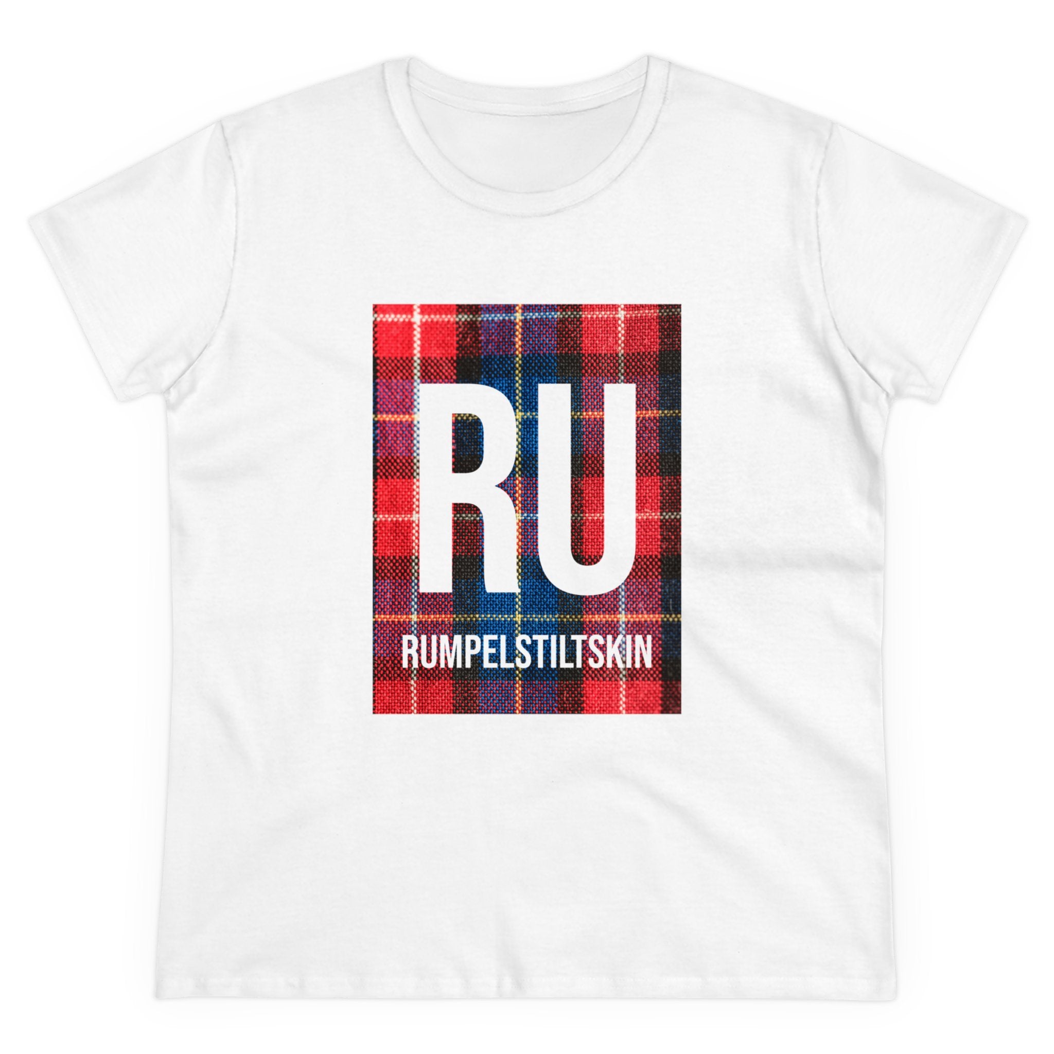 A **RU - Women's Tee** that features a large plaid rectangle with the letters "RU" and "RUMPELSTILTSKIN" written below it. Made from 100% US-grown cotton, this white T-shirt is also ethically made.