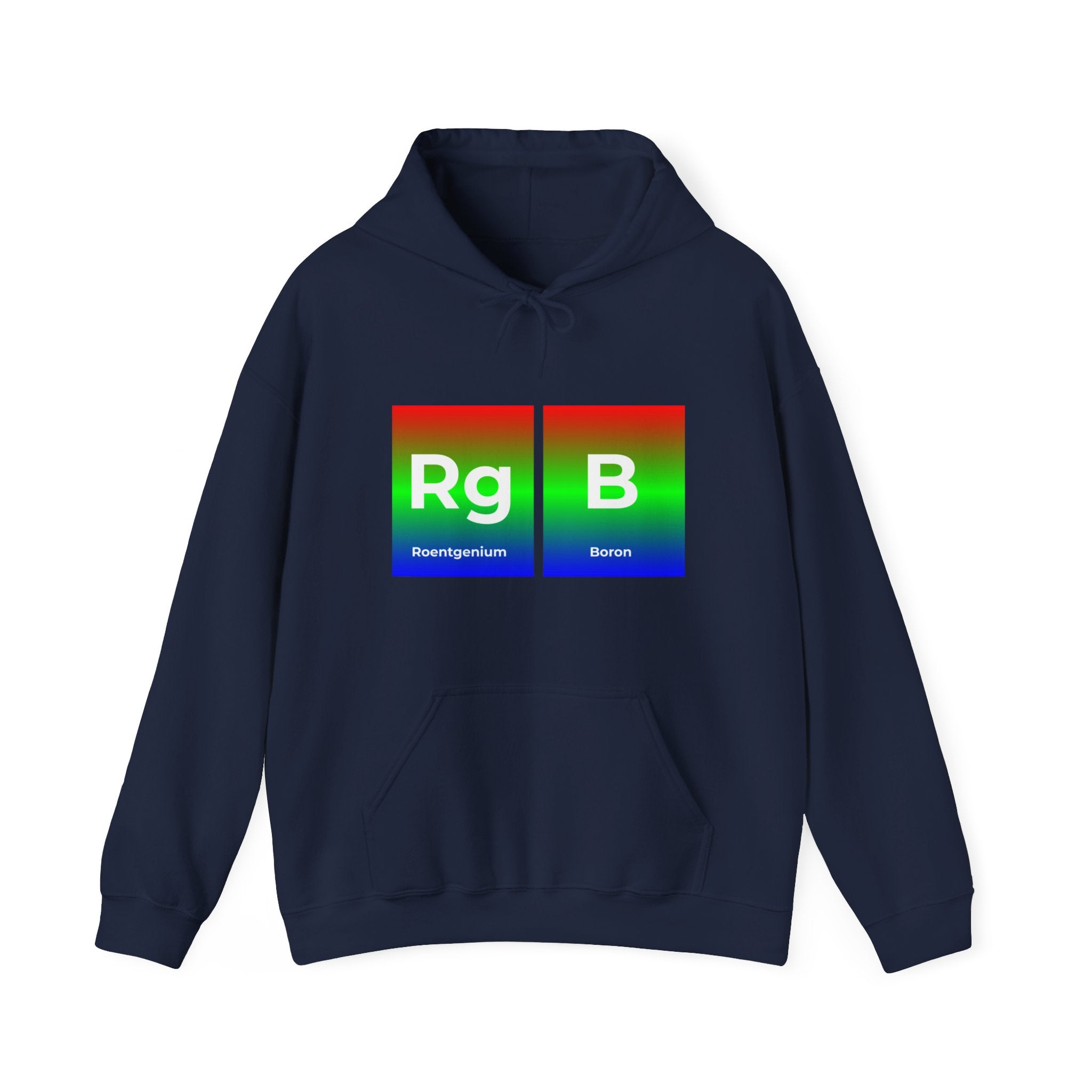 A RG-B - Hooded Sweatshirt featuring a graphic with the elements "Roentgenium" and "Boron" from the periodic table, labeled "Rg" and "B," on a gradient background transitioning from red to green to blue. Perfect for fans of RG-B designs seeking comfort in their style.