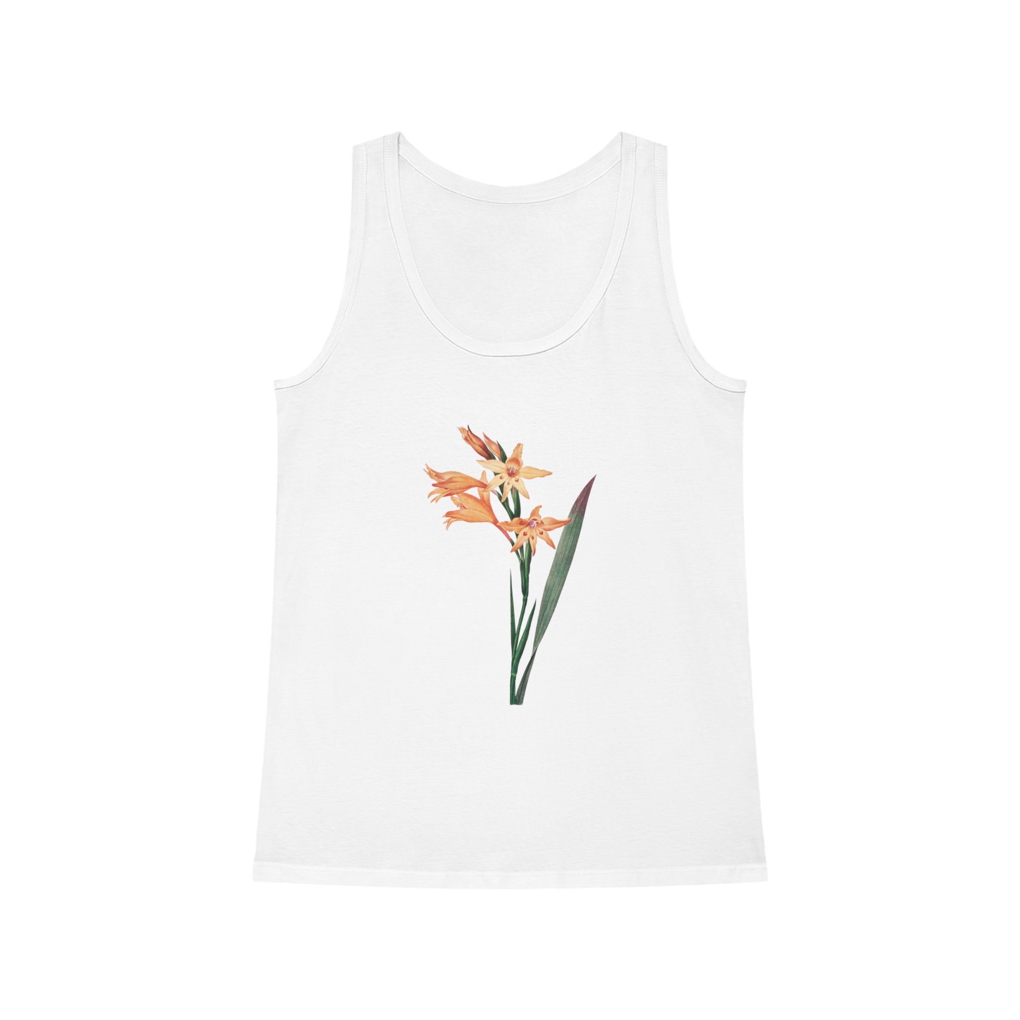 The Flowers Tank Top for women, made from organic cotton, features a central illustration of orange and yellow flowers with green leaves. This lightweight and breathable top is ideal for achieving a fresh, floral appearance.