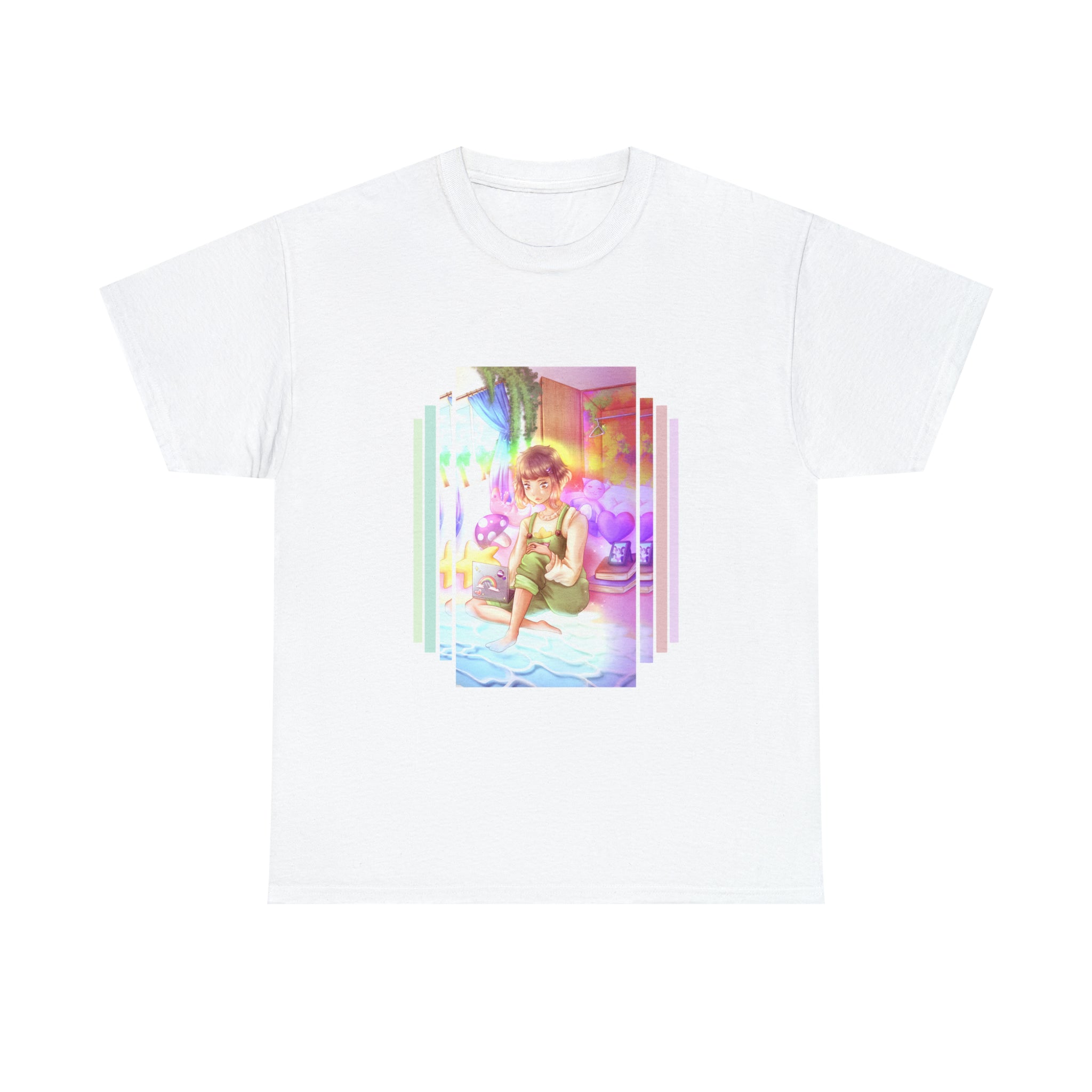 An Room Pride T-Shirt cotton t-shirt featuring artwork of a girl sitting on a bed.