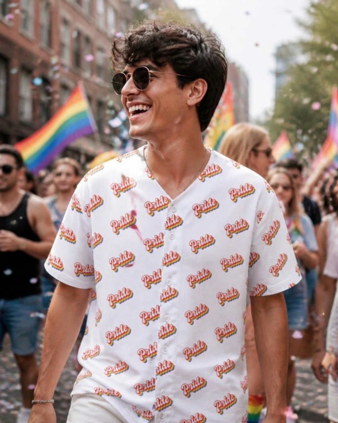 Model wearing Pride Jersey all-over-print rainbow tee in studio, LGBTQ sportswear, Geekpsters