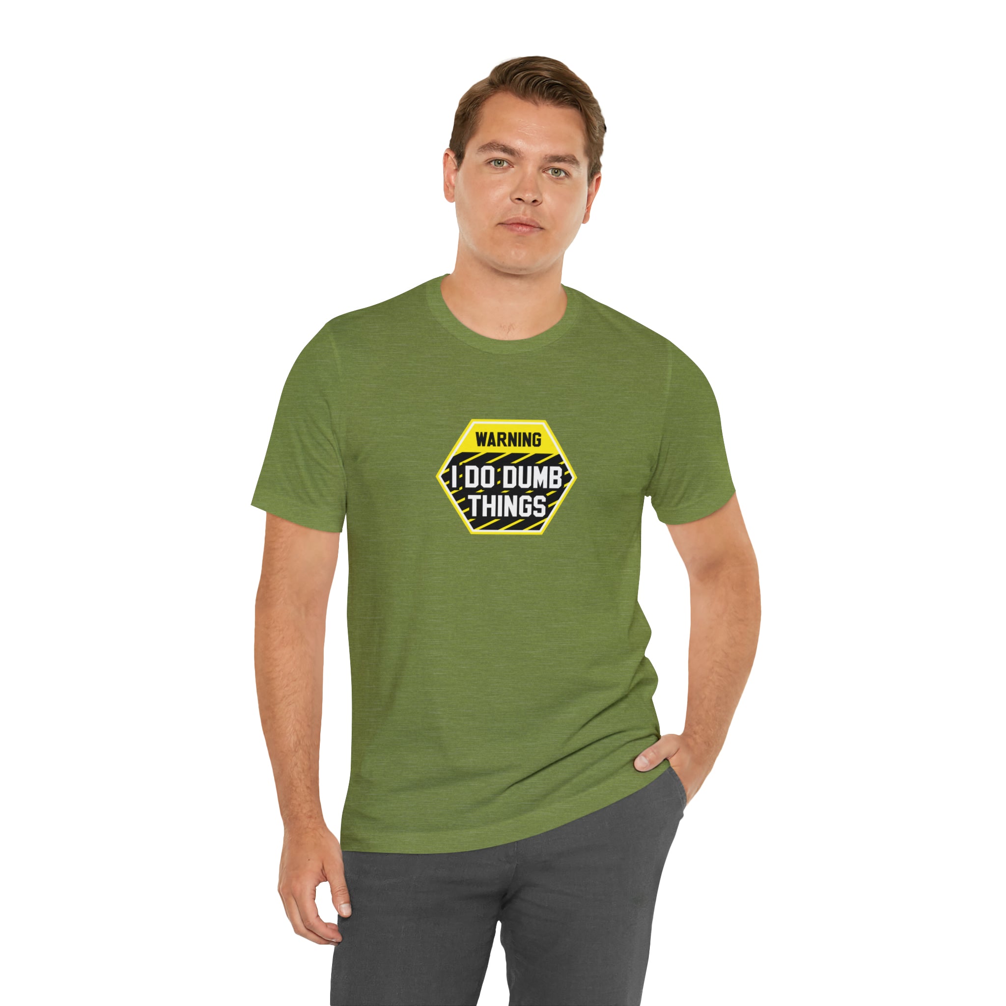 A man wearing a green Warning - I do dumb things T-Shirt with a yellow stop sign. (Brand: Printify)