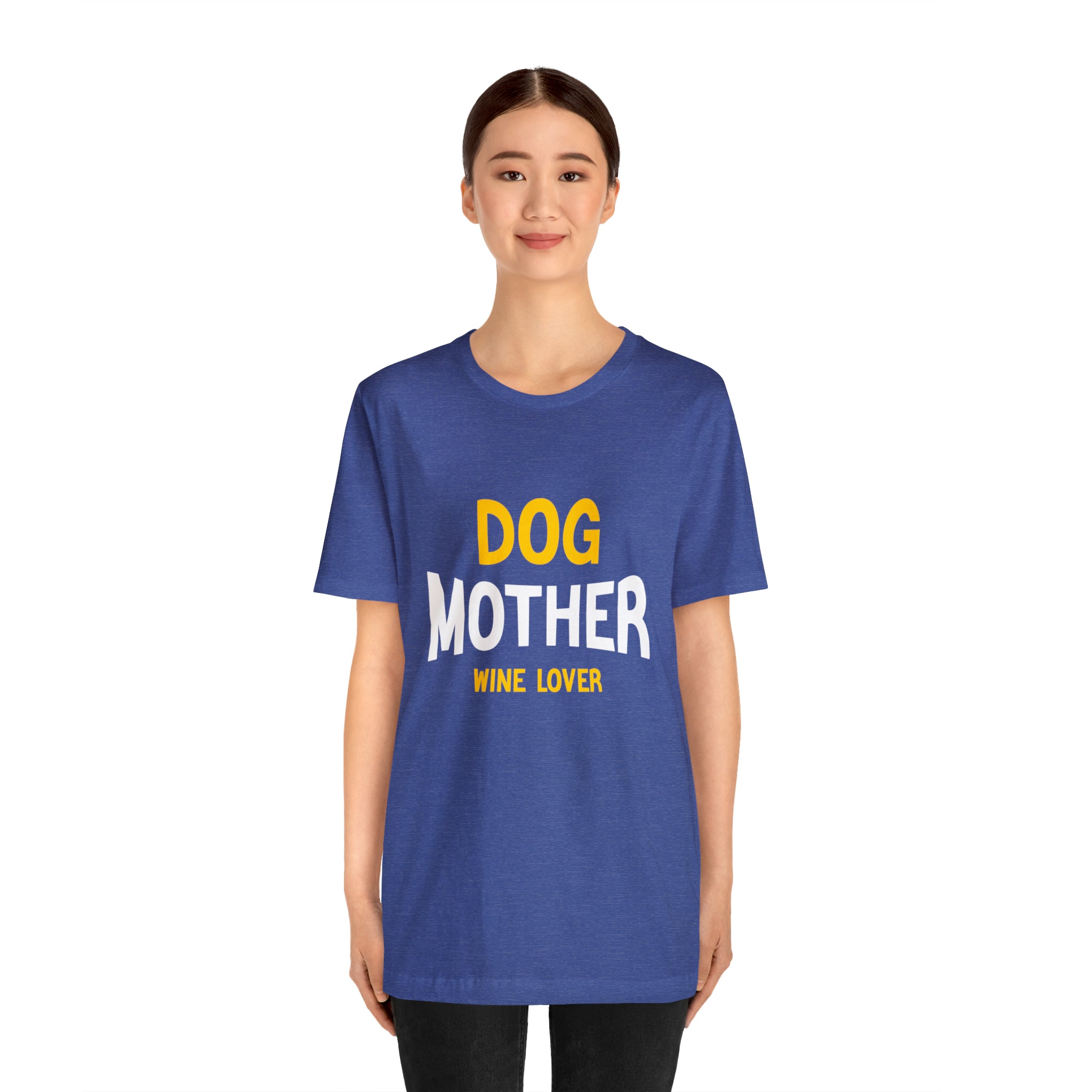 A woman wearing a blue Dog Mother Wine Lover T-Shirt.