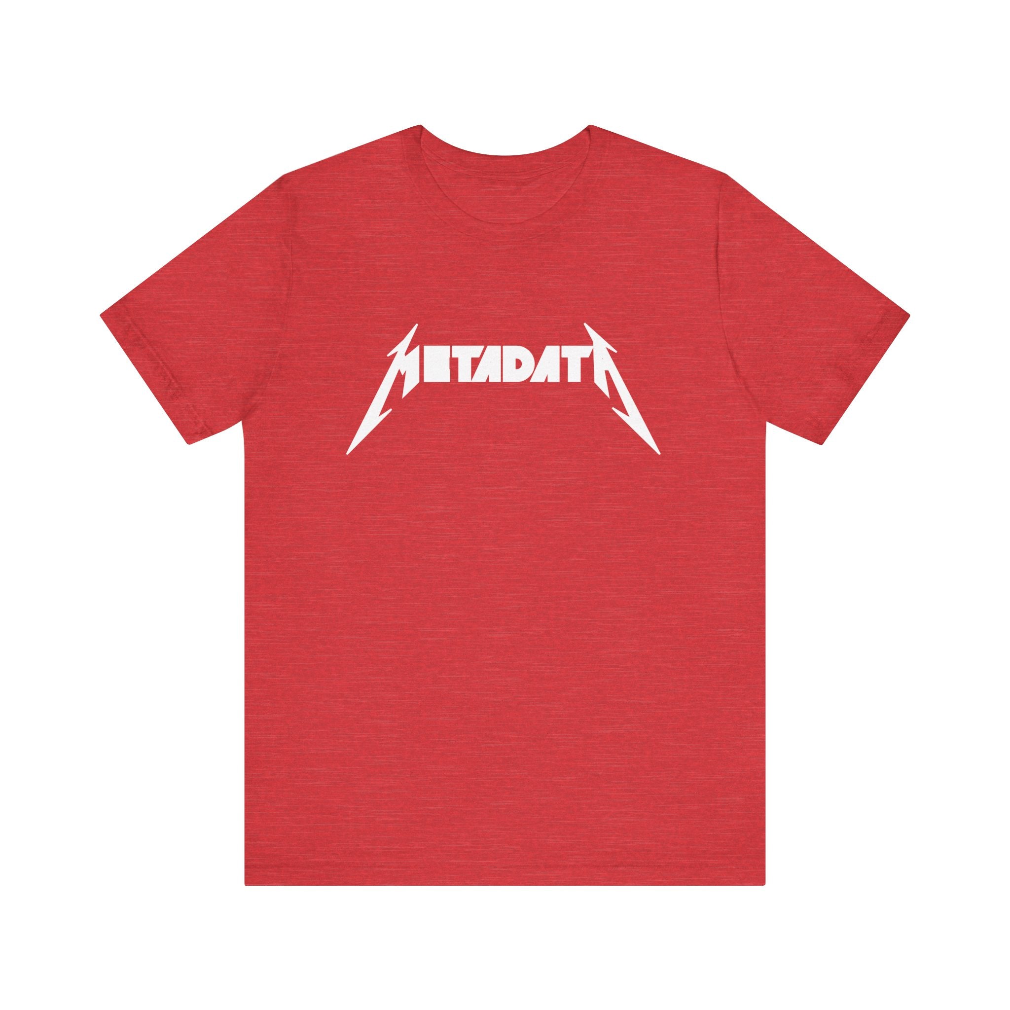 Introducing the Metadata T-Shirt, a red tee made from soft Airlume combed, ring-spun cotton, featuring an elegant "METADATA" design in stylized white text on the front. A perfect choice for those who value comfort and style in one sleek package.