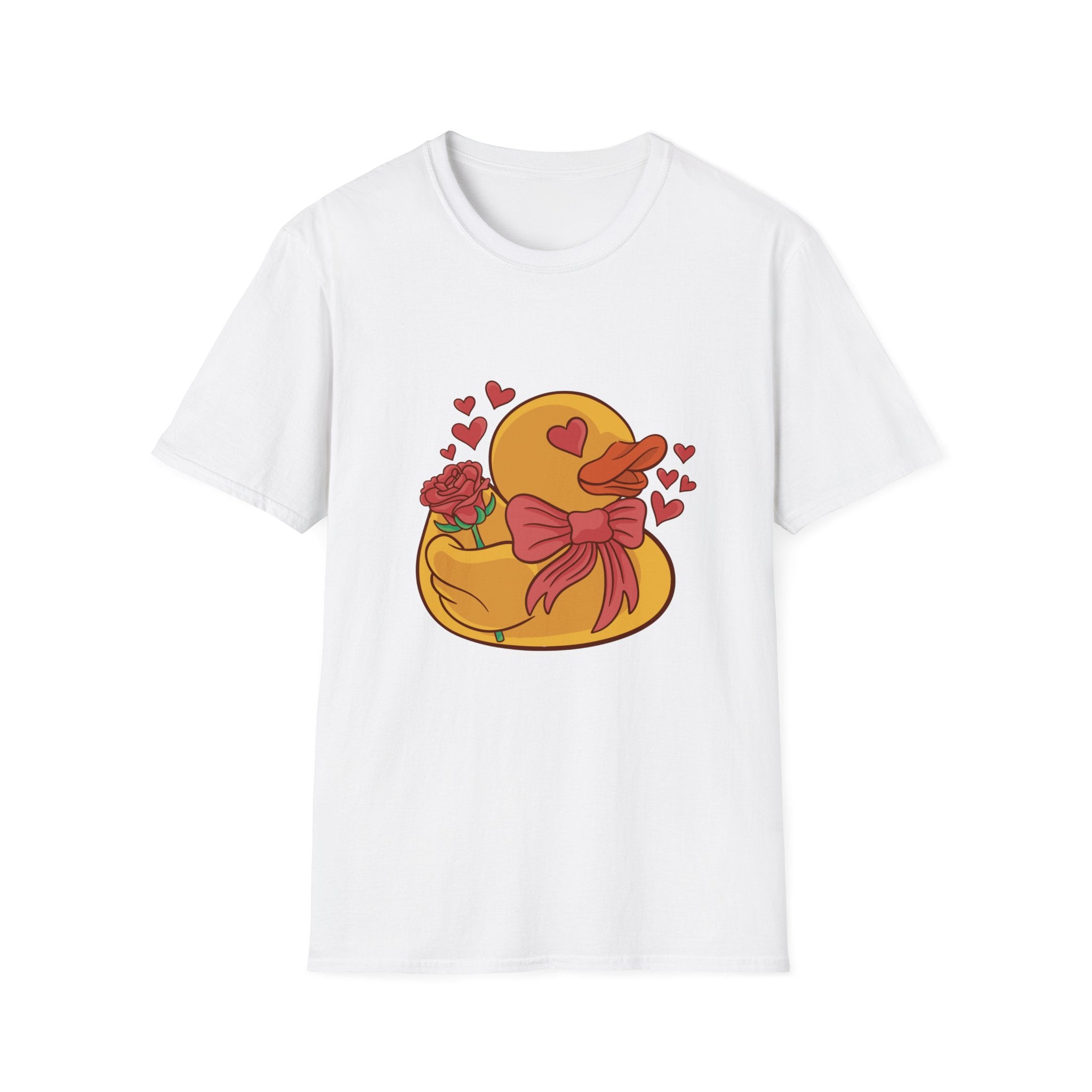 Introducing the Duck in Love T-Shirt: a delightful white shirt showcasing an adorable duck with a yellow bow and rose, encircled by red hearts and accompanied by a charming heart-shaped balloon.