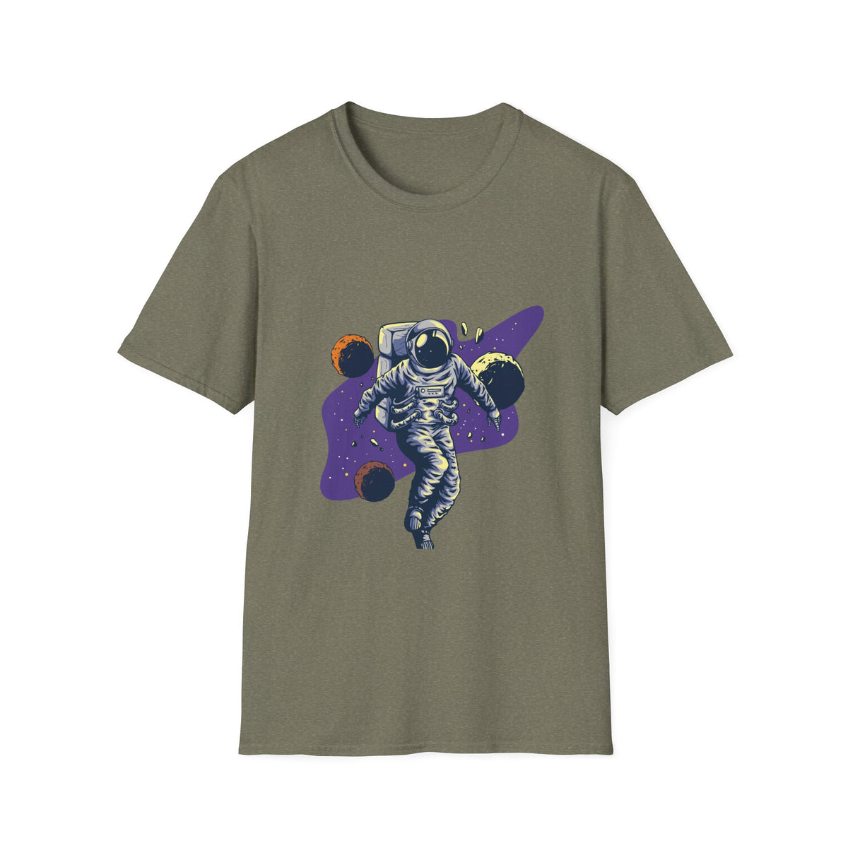 "Spacing Out" astronaut planet t-shirt in heather military green, flat lay front print, funny space tee