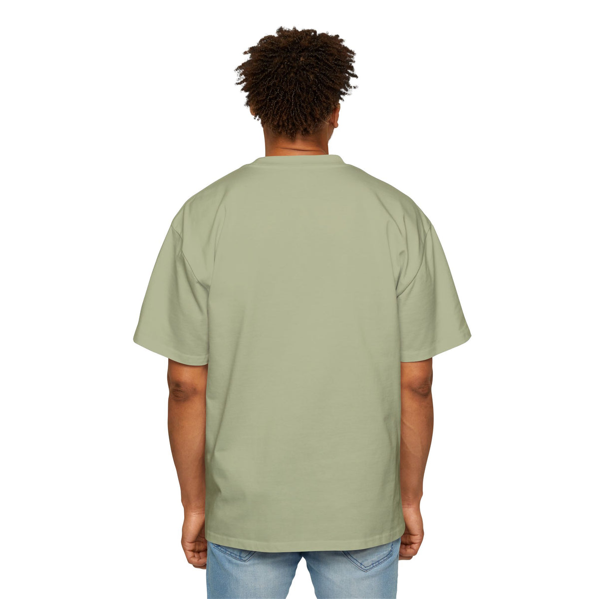 Statistically Significant oversized tee in sage green, back view on model, blank plain cotton back