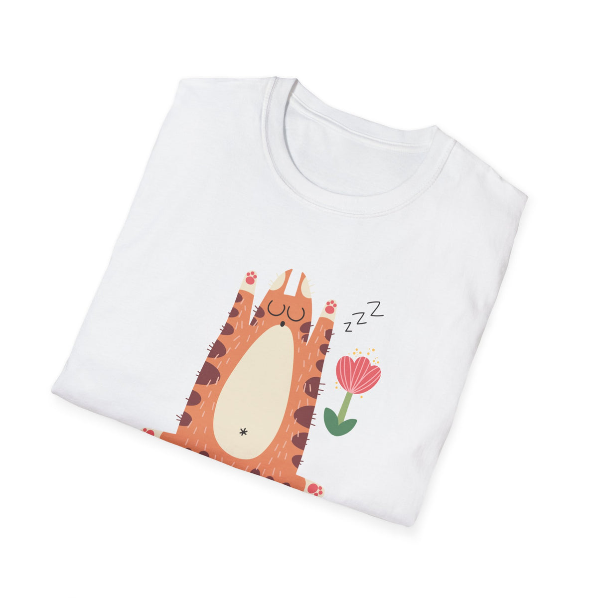 "You Make Me Go ZZZ" sleepy cat t-shirt in white, folded flat lay, funny gift for cat lovers