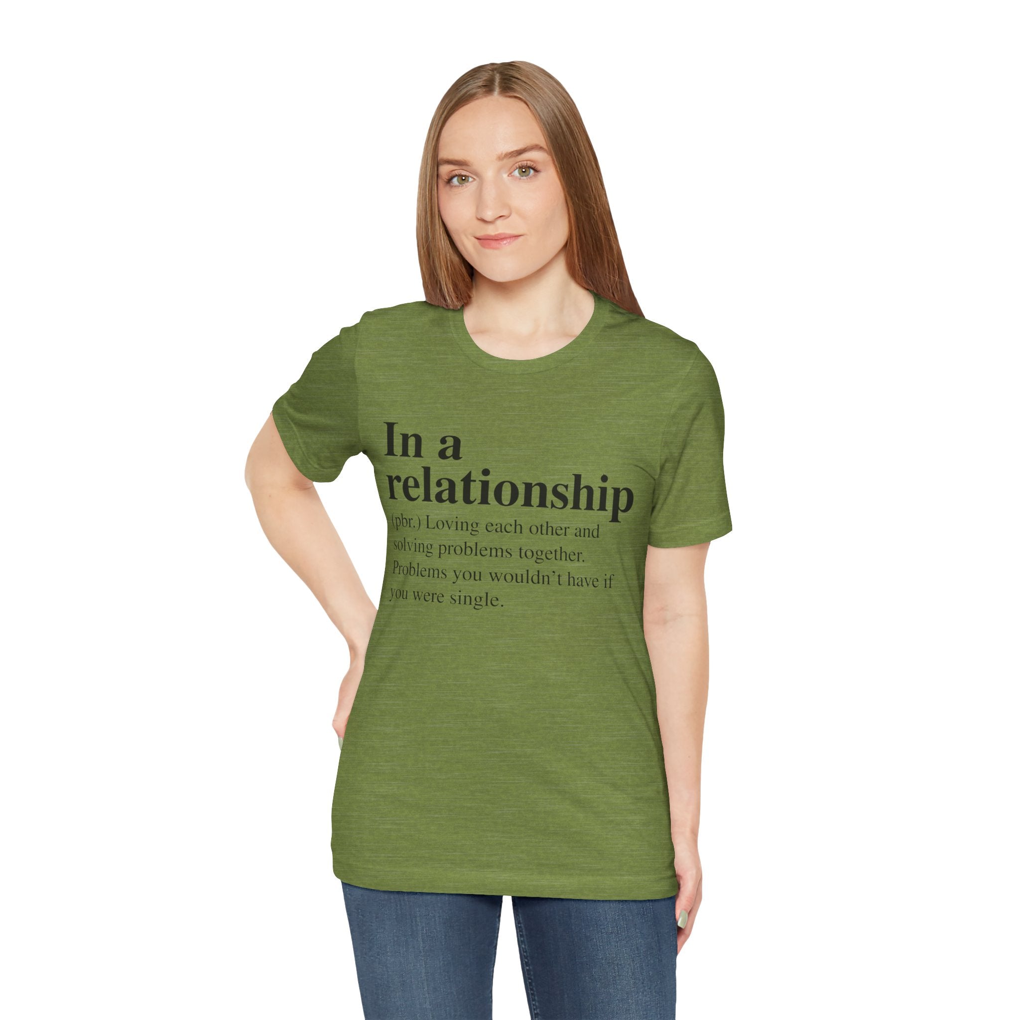 Woman in an In a Relationship T-Shirt with quality print about relationships on the front, posing against a plain background.