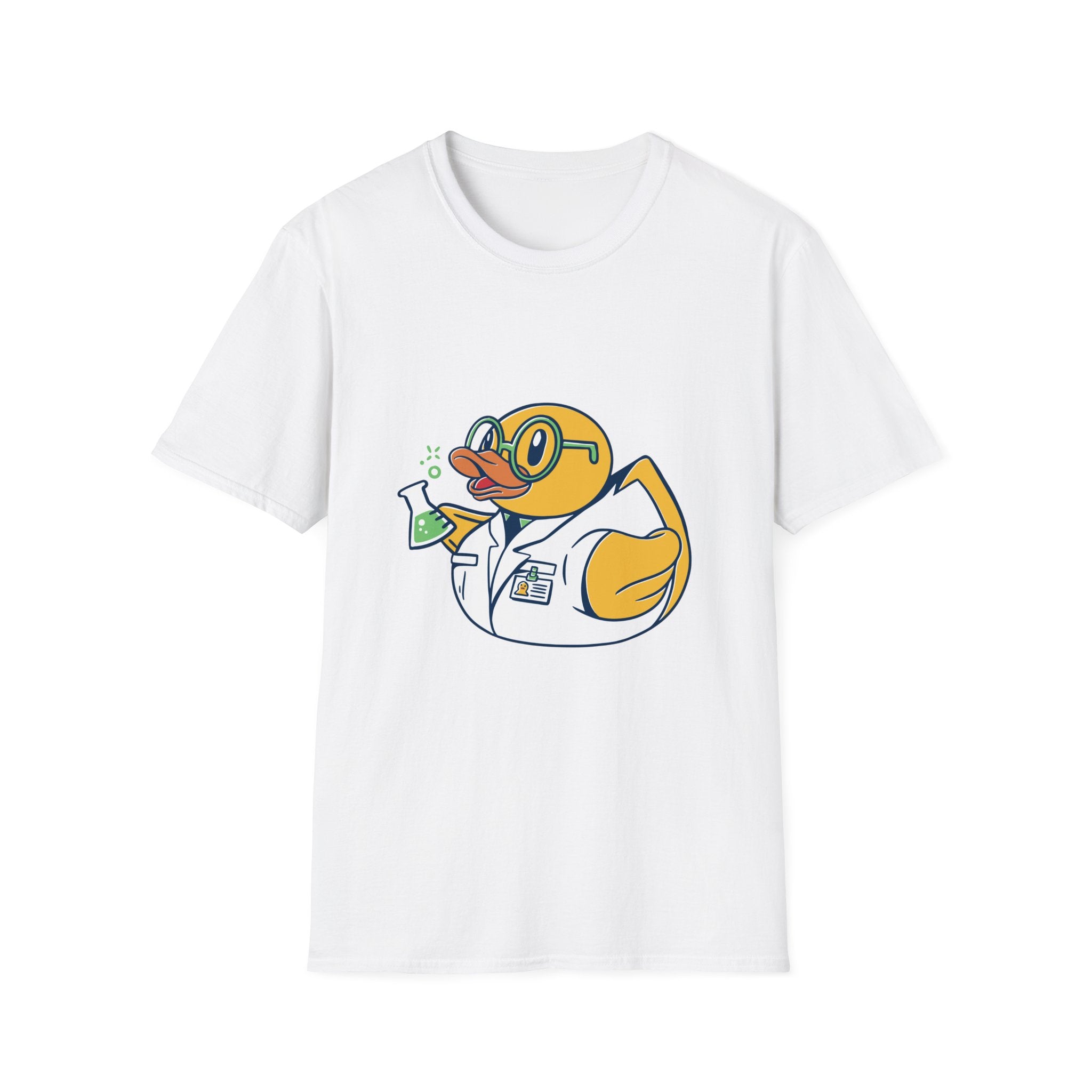 Explore our Science Duck T-Shirt, a white tee featuring a cartoon duck in glasses and a lab coat, holding a bubbling green beaker. Made from high-quality fabric, this contemporary design seamlessly blends fun with comfort.