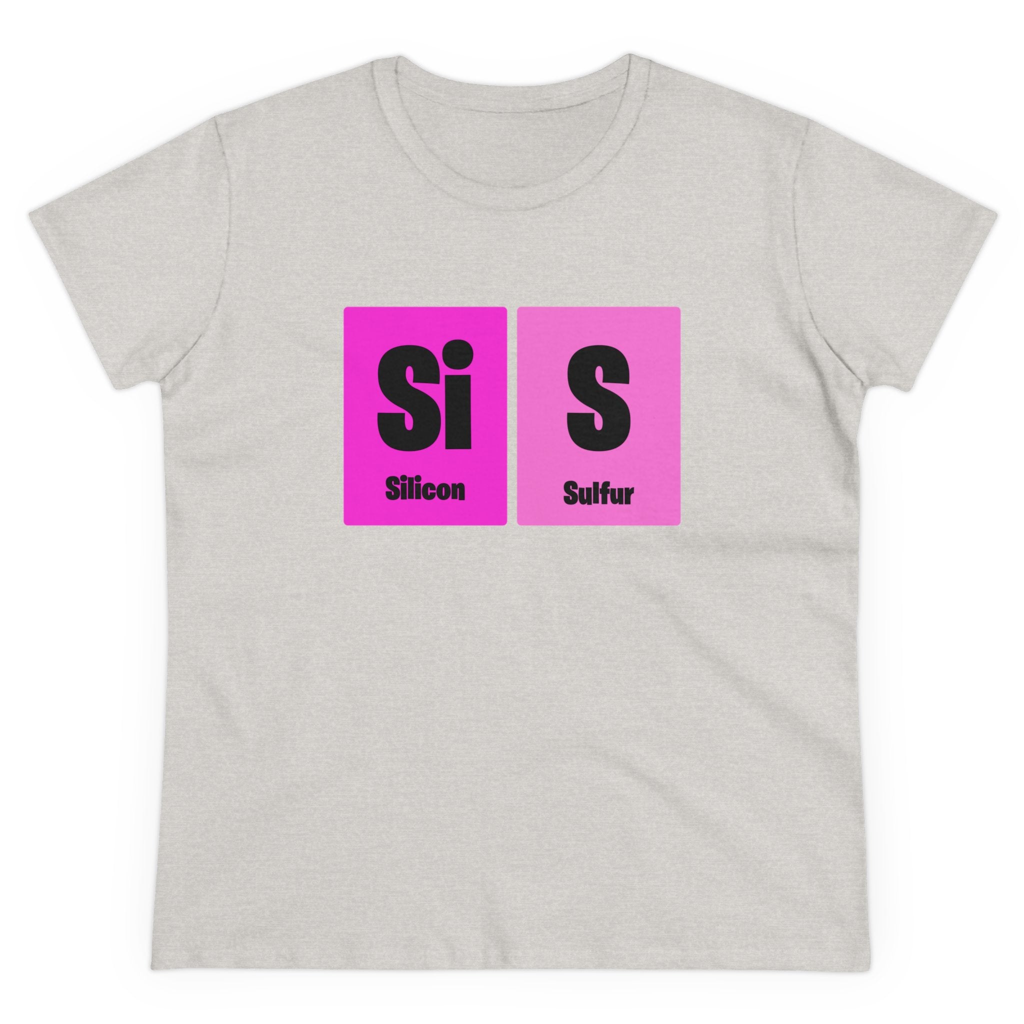 Discover cozy fashion with this Si-S Light Pendant - Women's Tee featuring a unique design of the periodic elements Silicon (Si) and Sulfur (S) displayed in pink boxes with black text. It's an effortlessly stylish addition to your wardrobe.