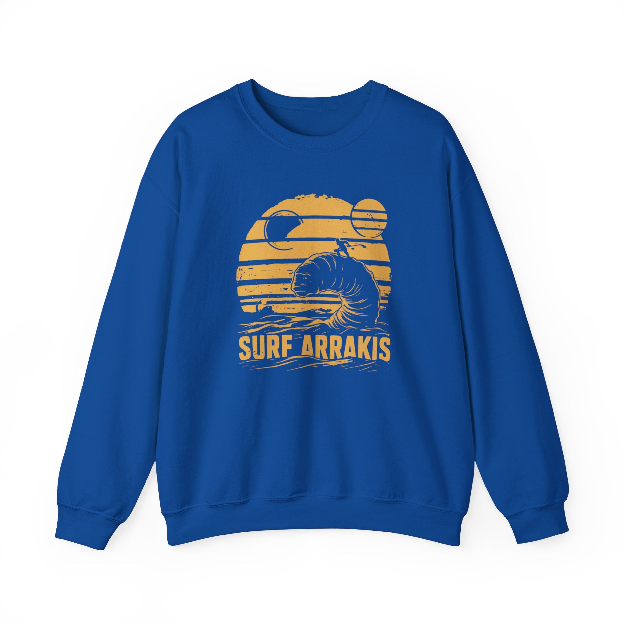 Surf Arrakis - Sweatshirt: A blue sweatshirt featuring a unique design with a graphic of a wave, two moons, and the text "Surf Arrakis" in yellow—perfect for the colder months.