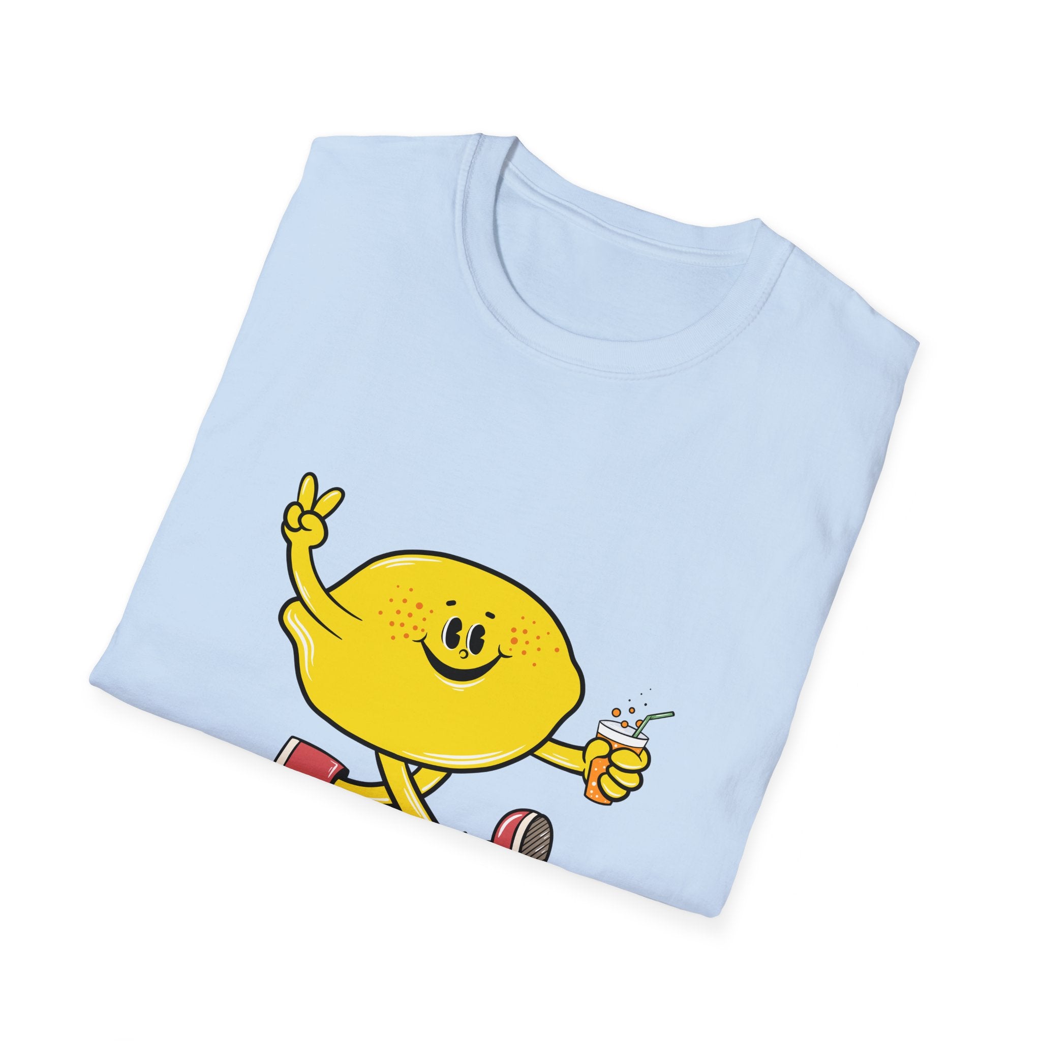 Light blue "Cartoon Lemon" t-shirt featuring a cheerful lemon character holding a glass with a straw and making a peace sign with its other hand.