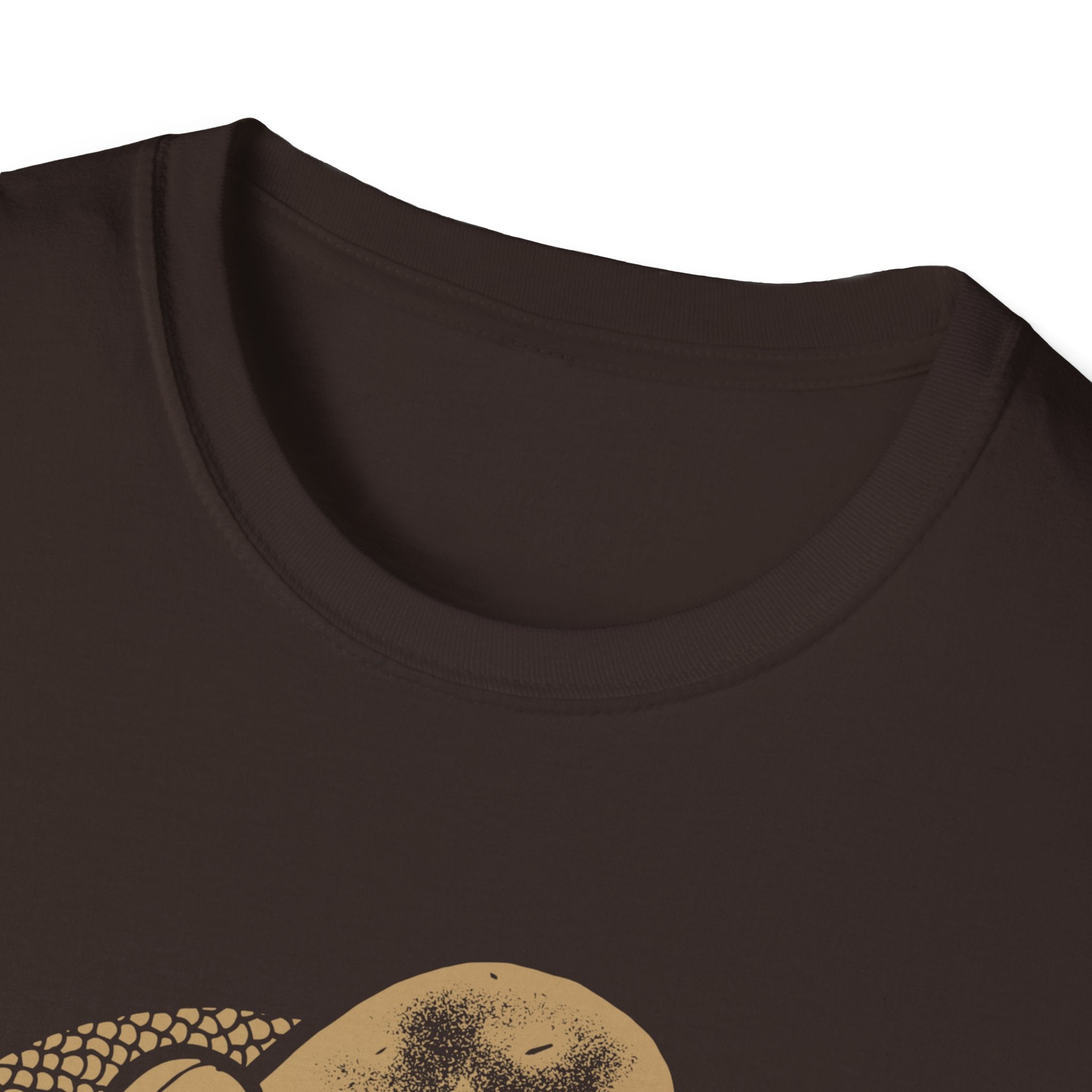 Close-up of the Skate or Die T-Shirt, crafted from breathable cotton and showcasing a crew-neck style with a beige graphic design near the bottom edge.