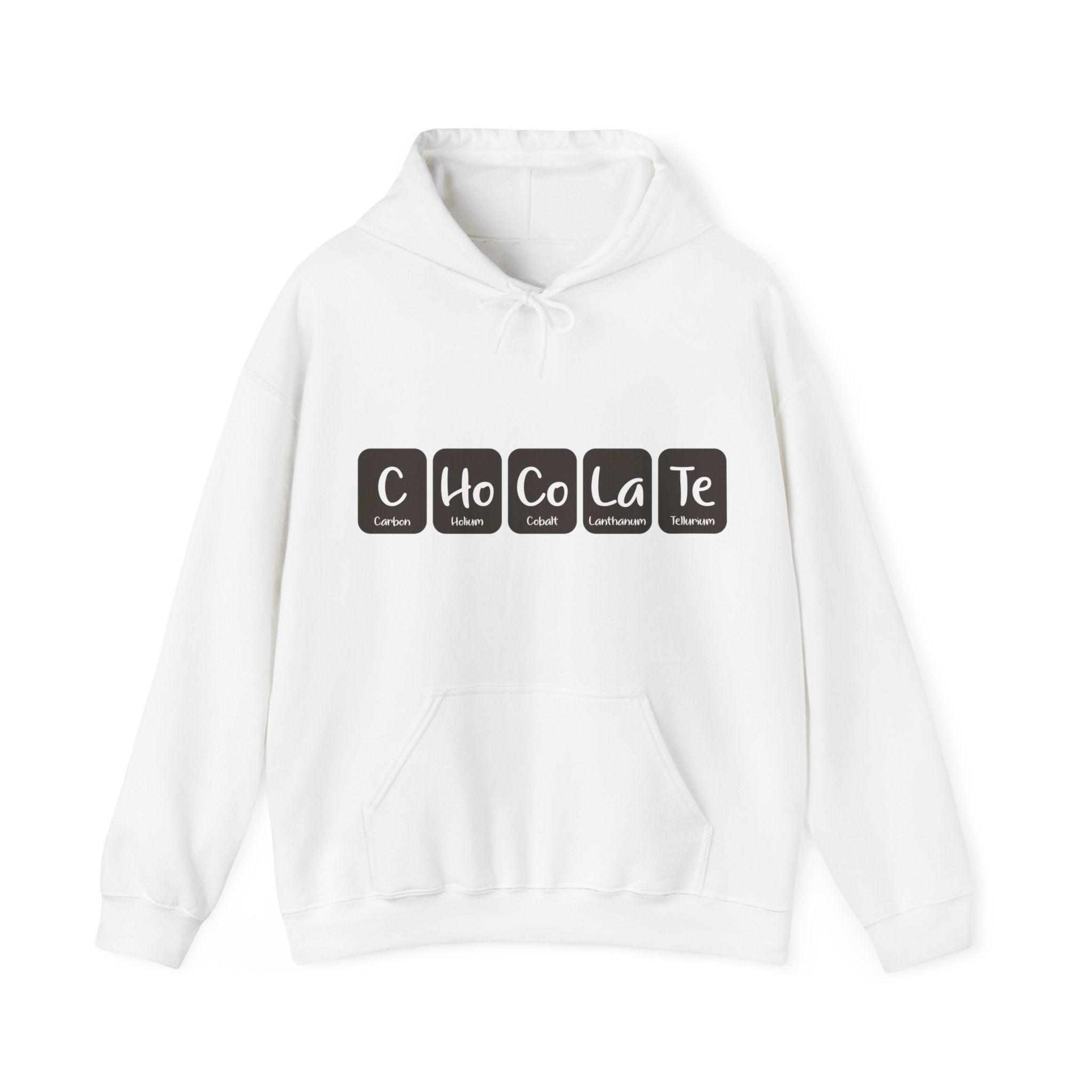 Fashion-forward C-Ho-Co-La-Te - Hooded Sweatshirt in white, featuring a chemistry-themed design on the chest using periodic table element symbols, complete with a convenient front pocket.