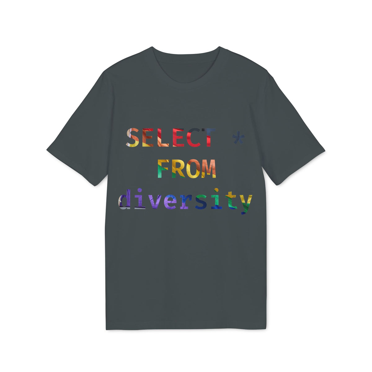 SELECT asterisk FROM Diversity query graphic tee, model wearing it in a studio shot