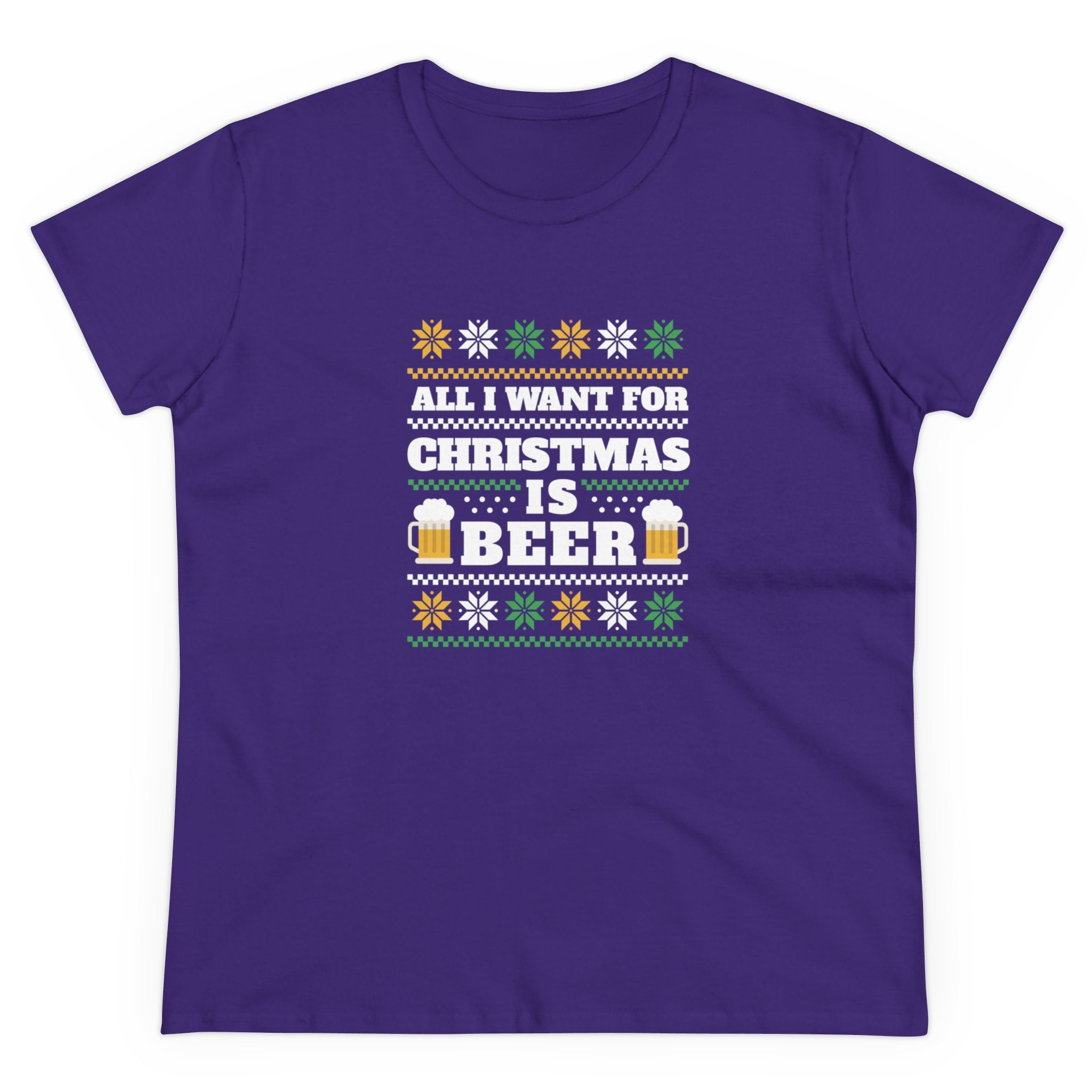 A purple Beer Ugly Sweater - Women's Tee featuring the text "All I want for Christmas is Beer," surrounded by festive patterns and images of beer mugs. Made from pre-shrunk cotton, this shirt offers comfort and a touch of humor, perfect for embodying the spirit of a Beer Ugly Sweater in a casual style.