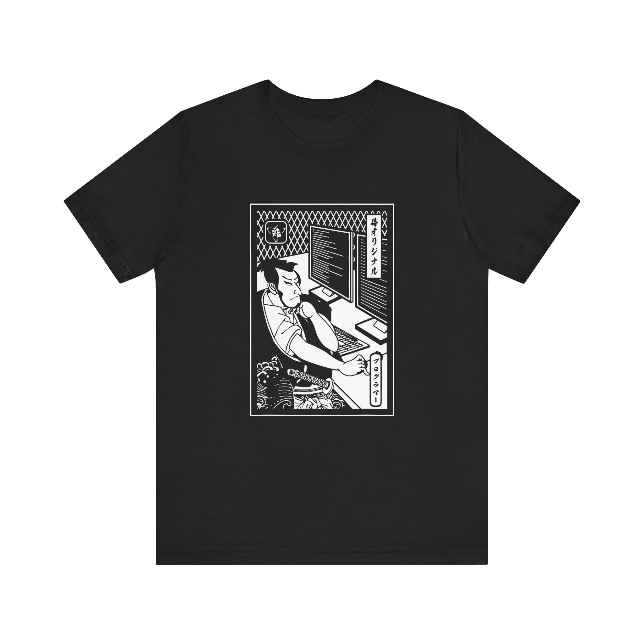 Coding Samurai T-Shirt featuring a graphic design of a man working at a computer desk with papers scattered around and a cityscape visible through a window behind him, crafted from breathable fabric.