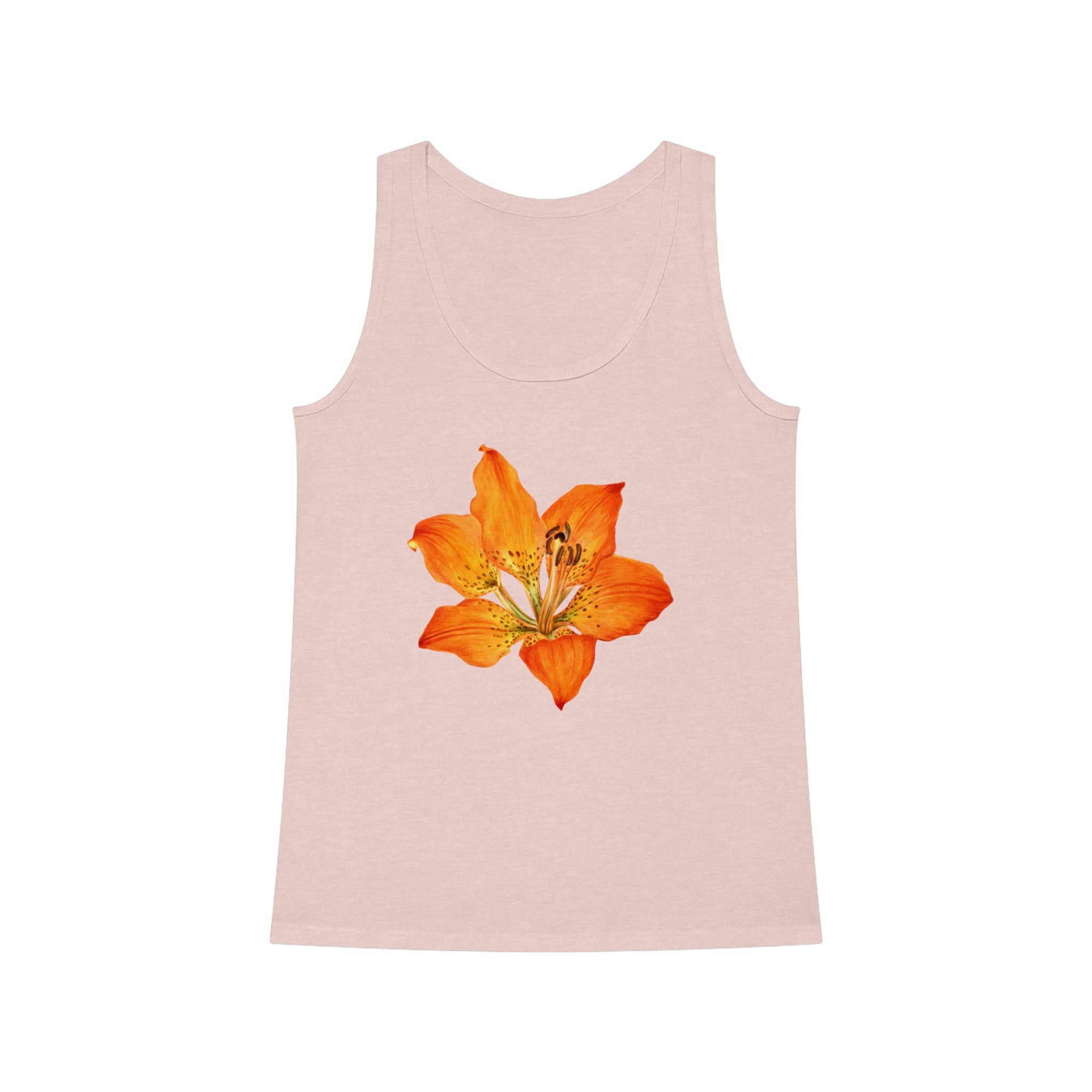 The Flower Boom Tank Top is made from organic cotton and features a prominent large orange lily floral print positioned at the center, against a light pink background.