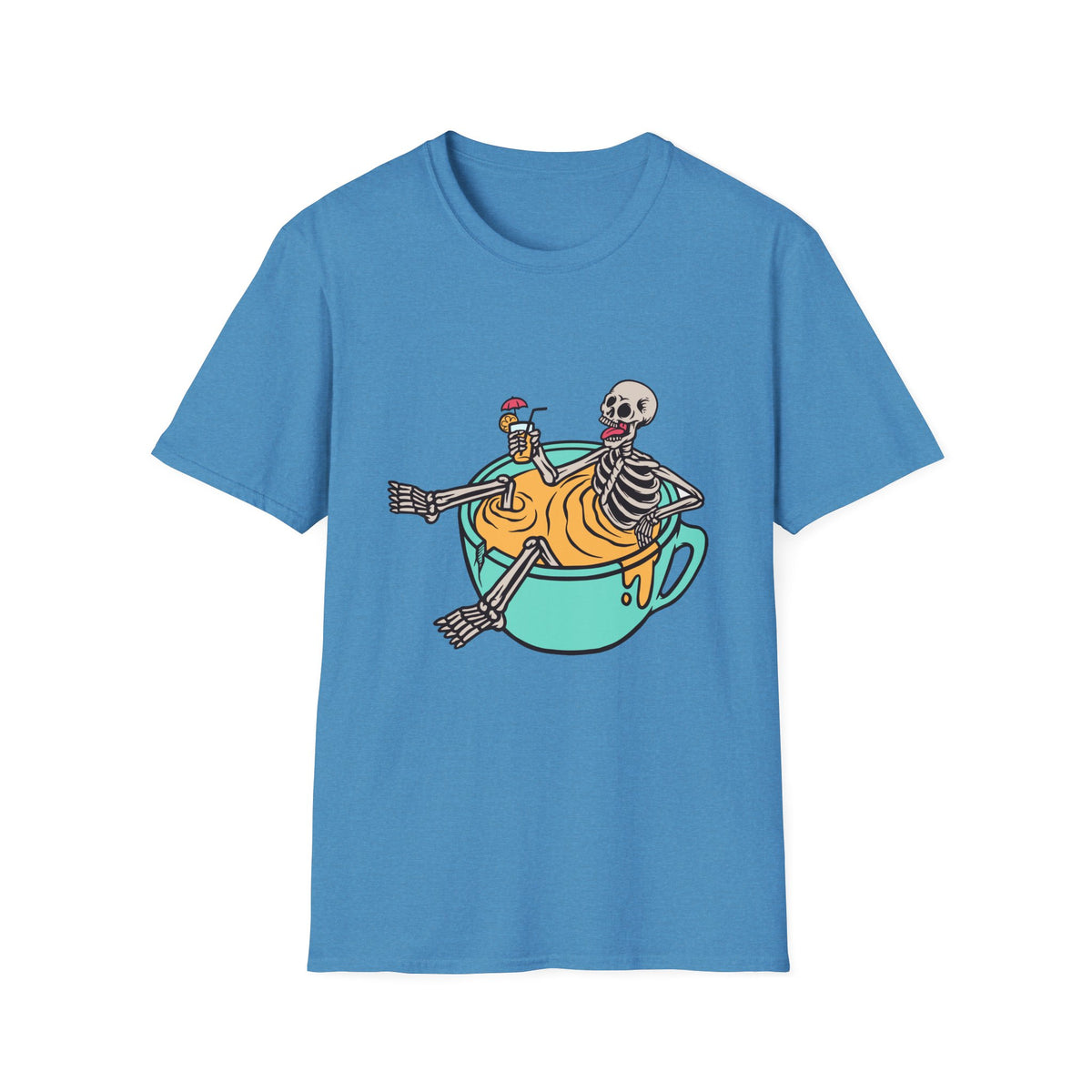 'Relaxing Skull' skeletons in a teacup t-shirt in heather sapphire, funny coffee lover graphic tee