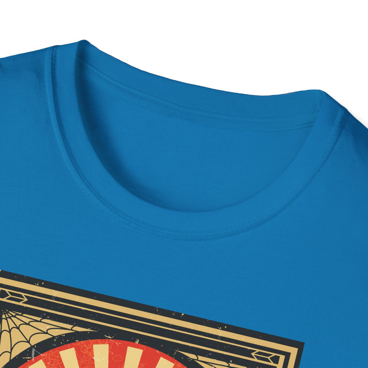 Close-up of 'Mexican Wrestler' t-shirt neckline in sapphire blue, funny lucha libre graphic tee detail