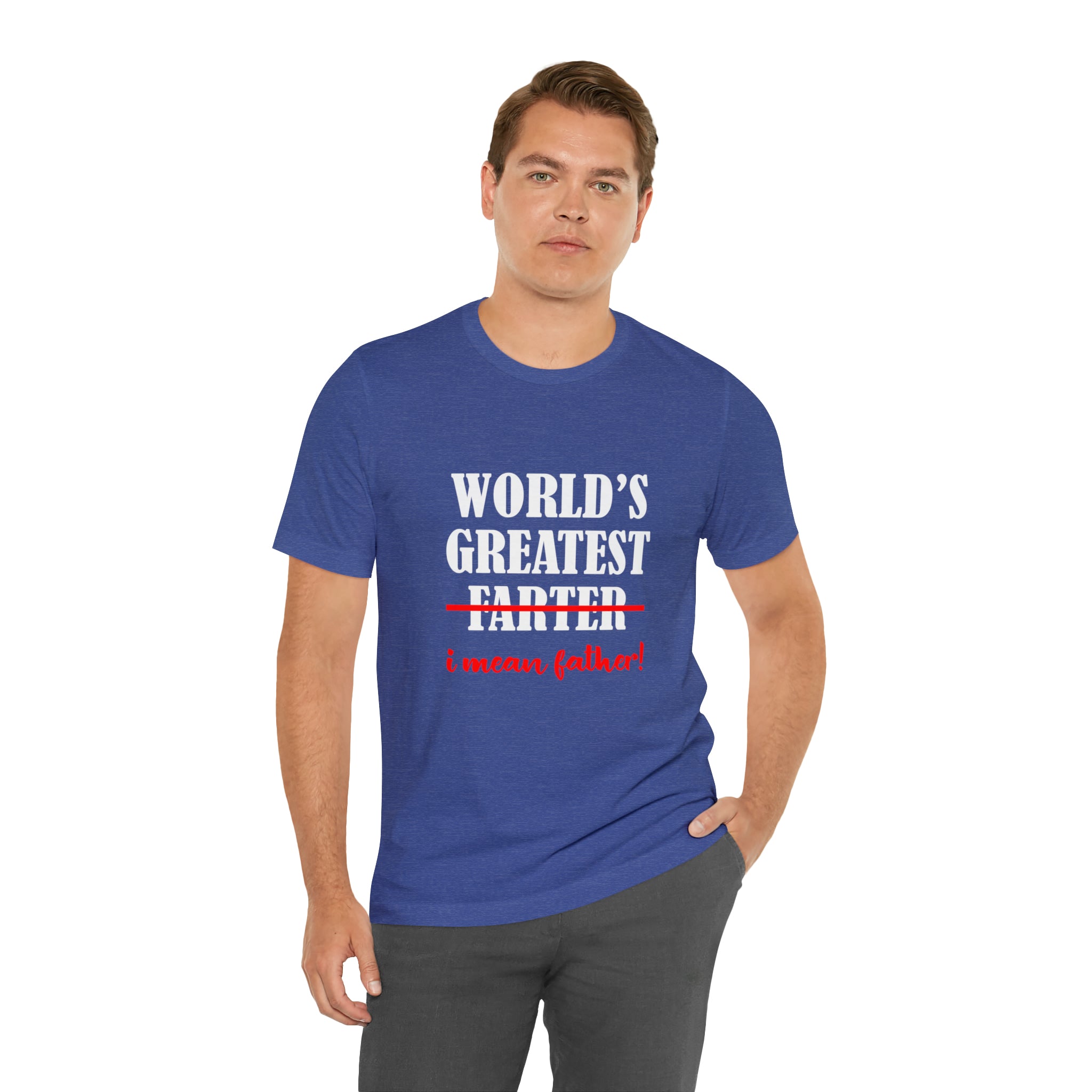 A father with a great sense of humor wears the "Worlds Greatest Farter I mean Father T-Shirt" declaring him the world's greatest dad.