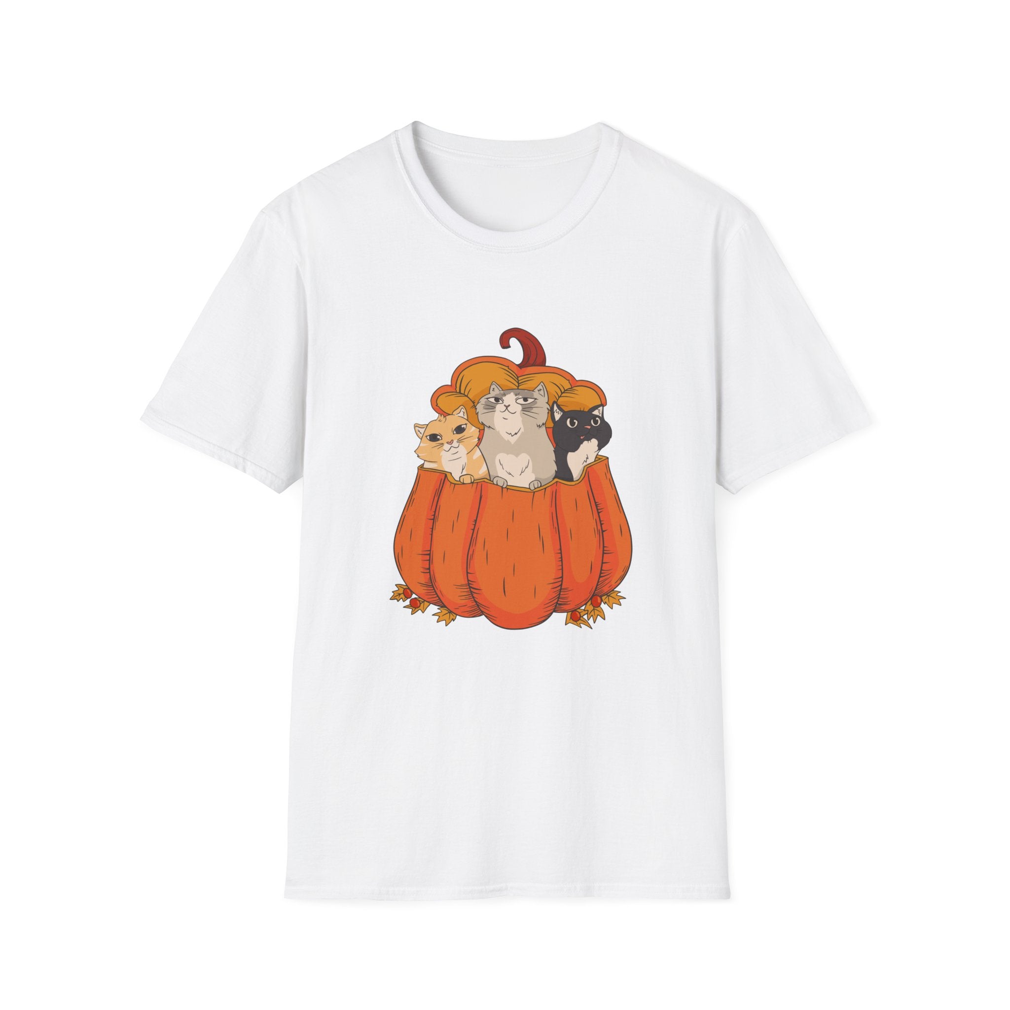 Halloween Cats T-Shirt featuring a festive design of three cats sitting inside a pumpkin, perfect for Halloween celebrations.