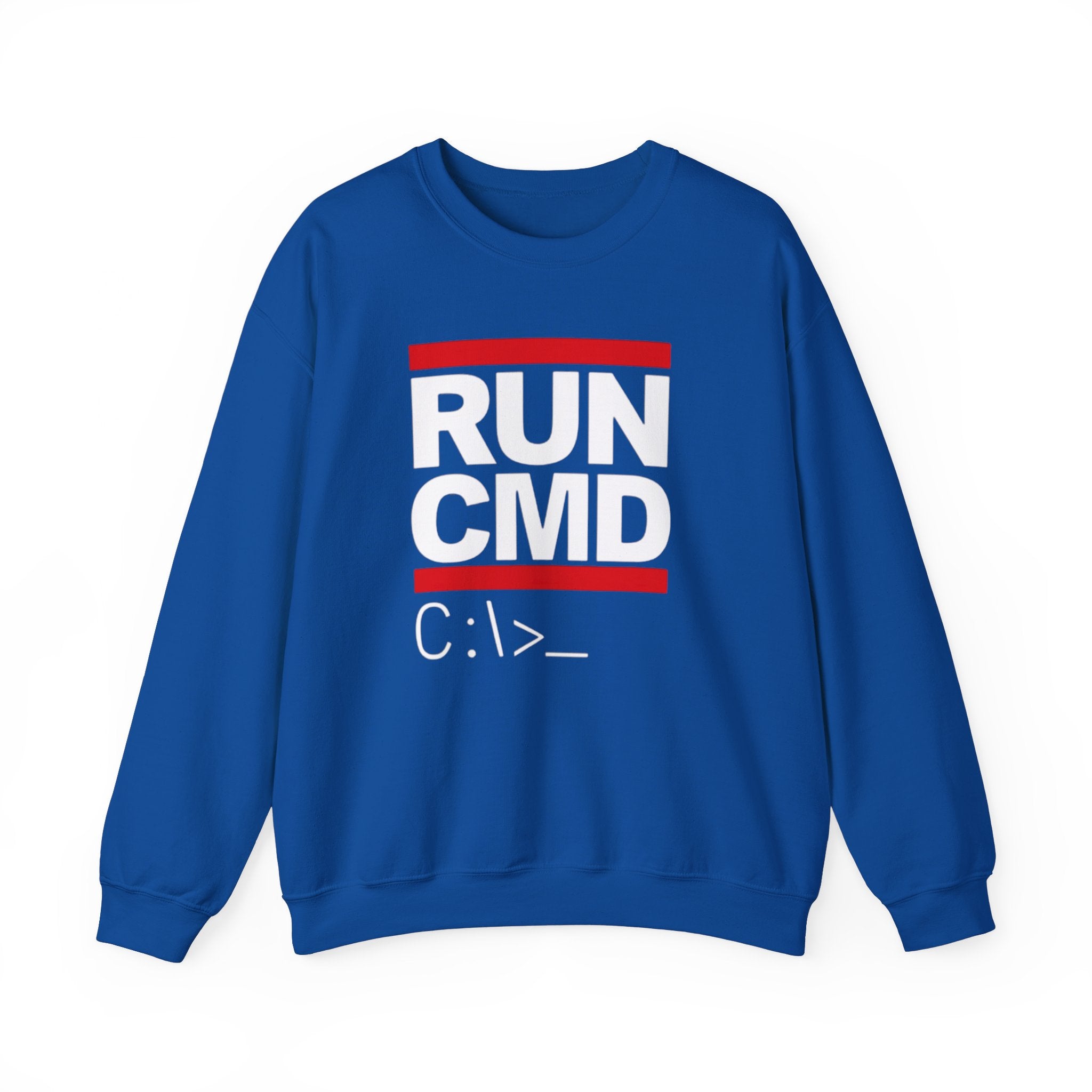 RUN CMD - Sweatshirt: Comfortable blue sweatshirt with the text "RUN CMD" in bold white letters inside a red and white box, and "C:/>_" printed below in smaller white font.