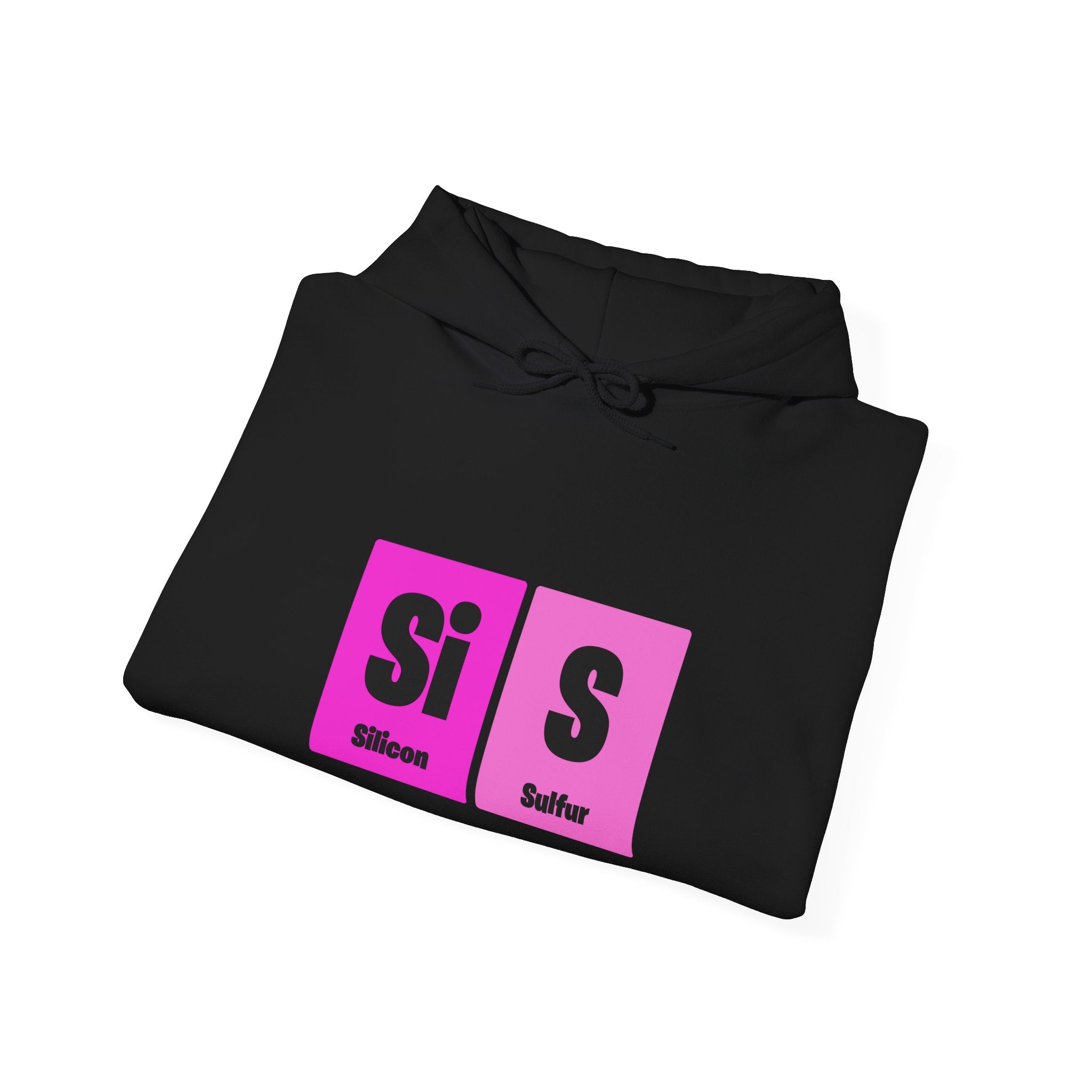 Stylish black Si-S Light Pendant - Hooded Sweatshirt featuring periodic table elements Silicon (Si) and Sulfur (S) highlighted in pink.