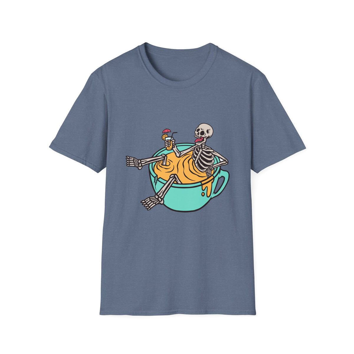 'Relaxing Skull' skeletons in a teacup t-shirt in slate blue, front print visible, funny coffee lover tee