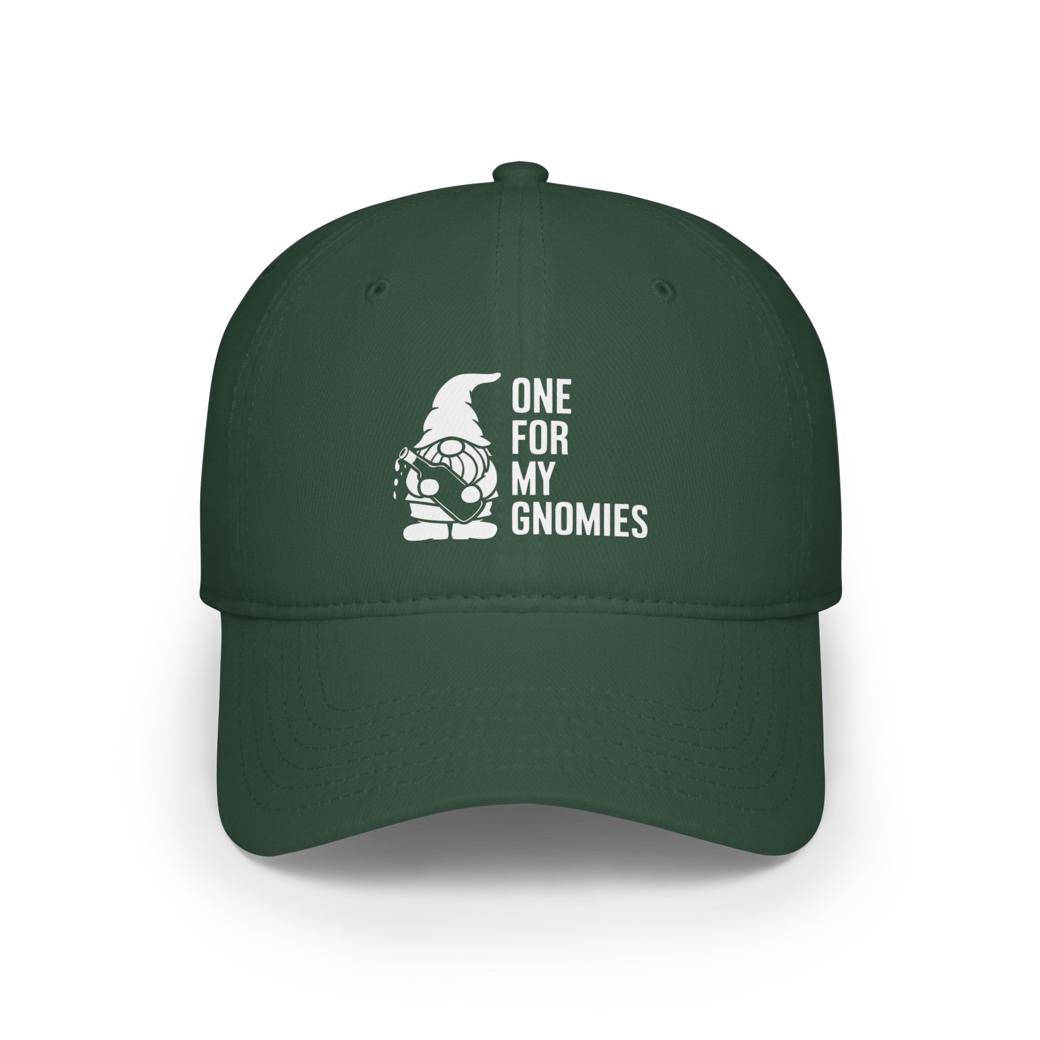 A One For My Gnomies - Hat featuring an illustration of a gnome next to the phrase "ONE FOR MY GNOMIES" in white text on the front, complete with reinforced stitching for durability.