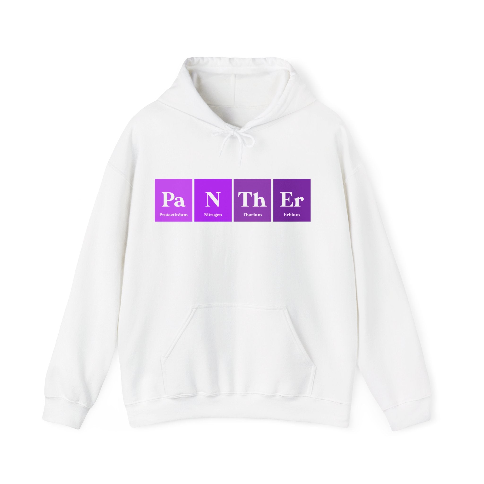 A Pa-N-Th-Er - Hooded Sweatshirt featuring the word "Panther" in a striking Pa-N-Th-Er design, with purple blocks resembling elements from the periodic table.