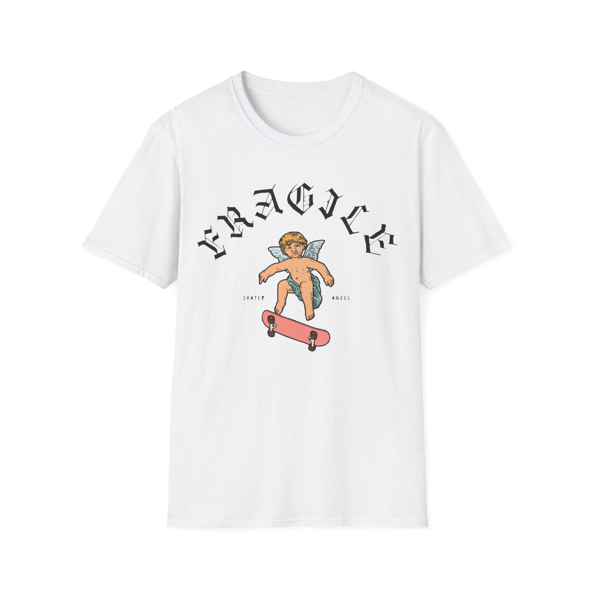 The Skater Angel T-shirt, in a relaxed fit and white color, features an illustration of an angel skating, along with the words "Fragile" and "Skater Angel" in a stylized font.