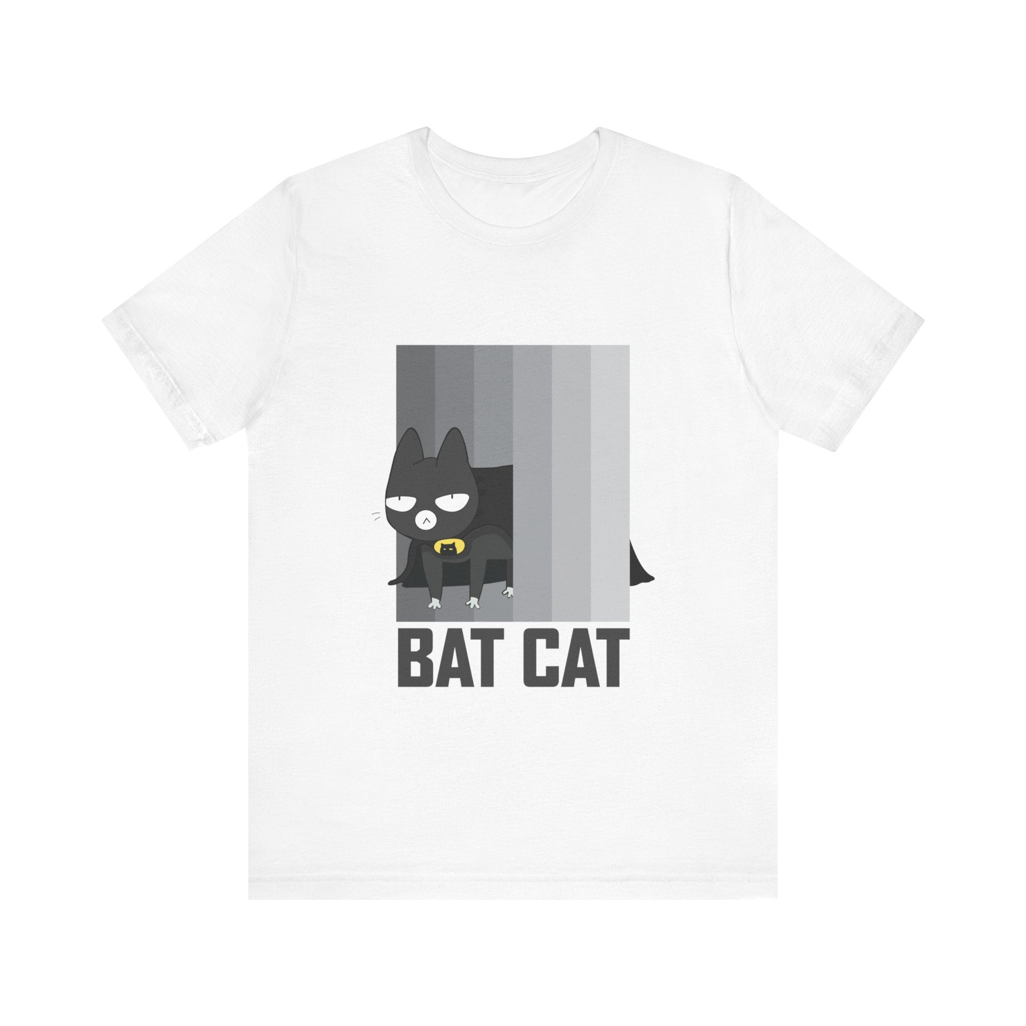 Unisex tee featuring a cartoon design of a black cat dressed as a superhero with the words "BATCAT T-Shirt" below.