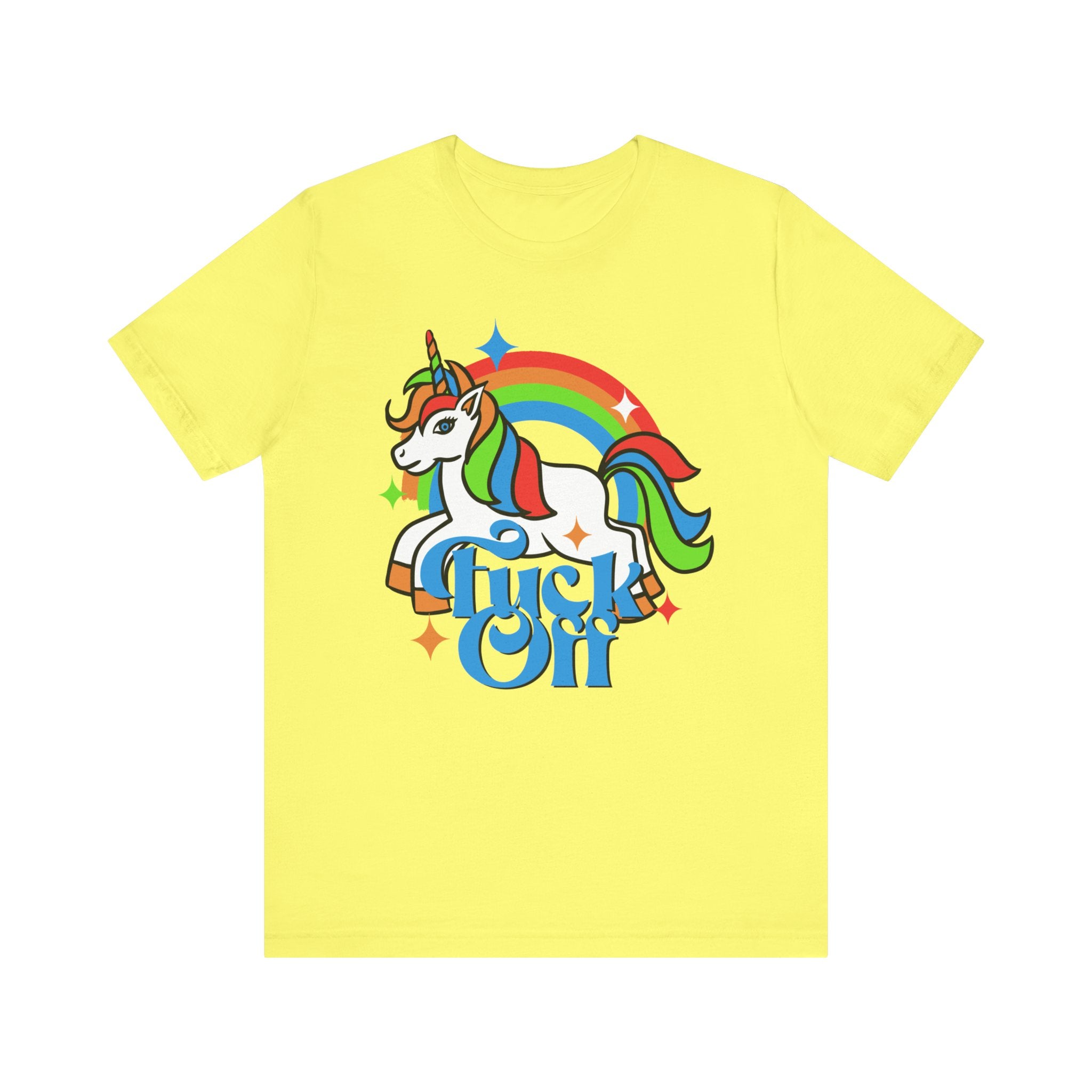 Revised Sentence: Yellow F off T-Shirt with a graphic of a white unicorn and a rainbow mane, surrounded by stars and the text "cheer up" in blue.
