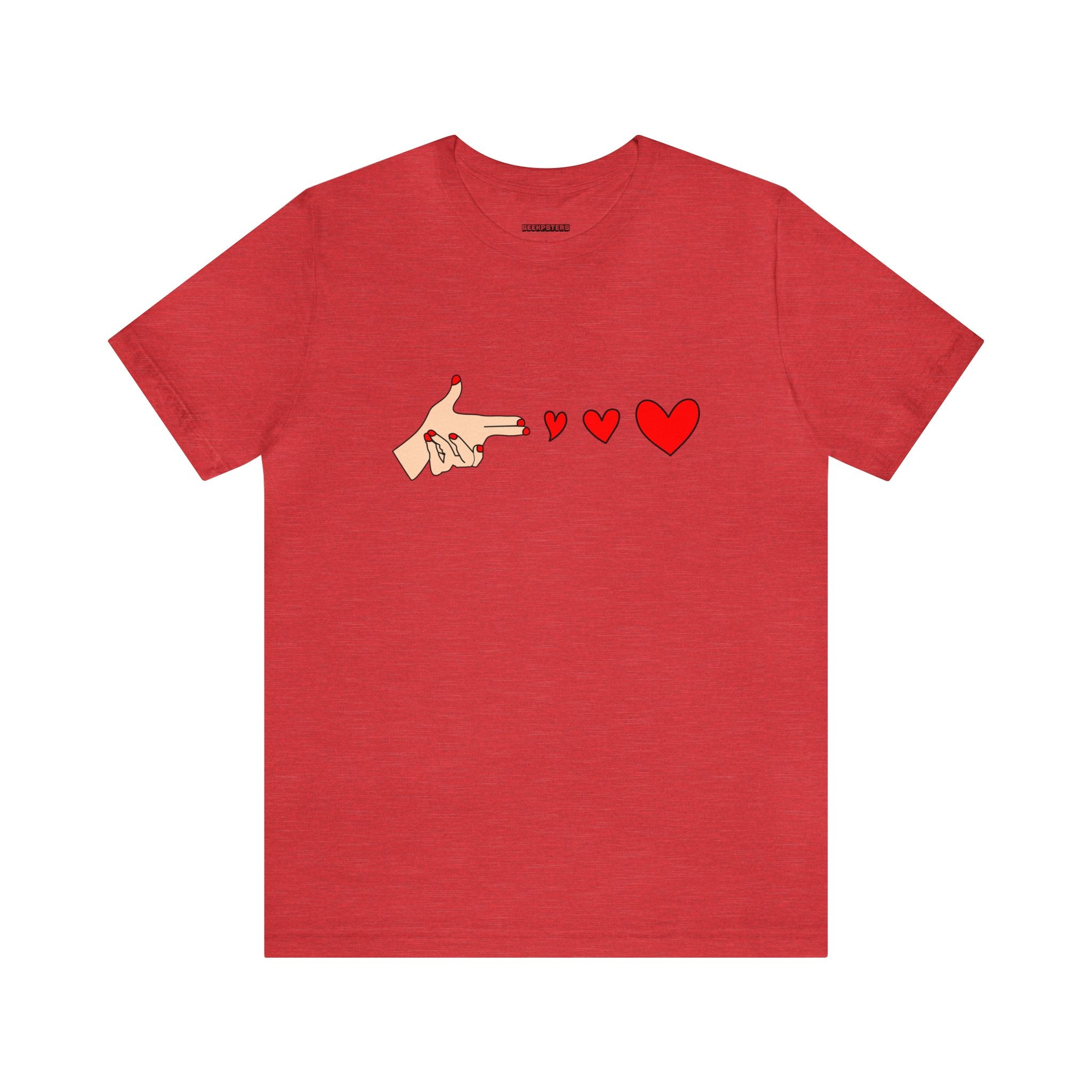 A statement Bang Bang T-Shirt featuring a heart and a pointing finger, embracing one's geeky side.